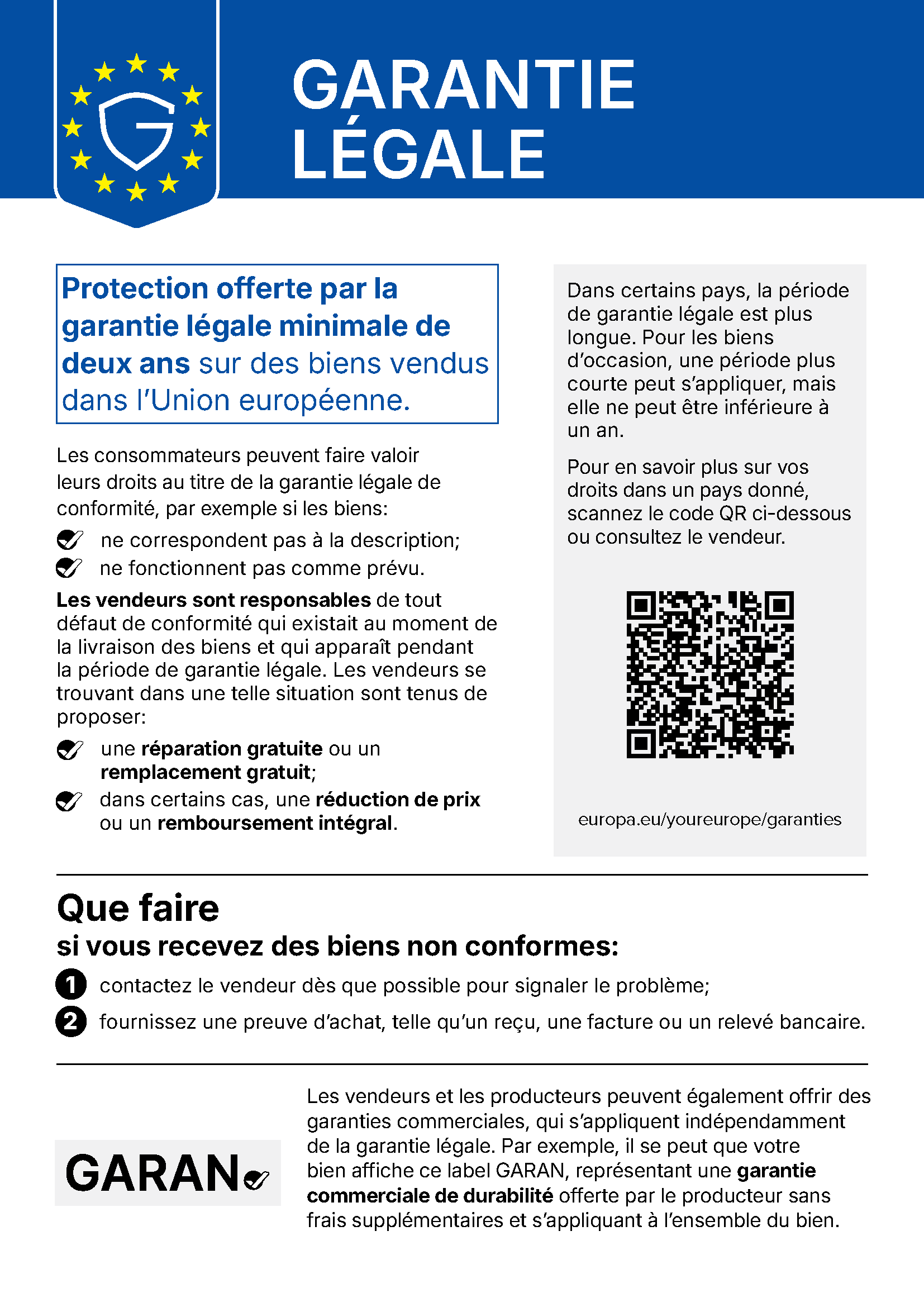 Avis relatif à la garantie légale - Version française