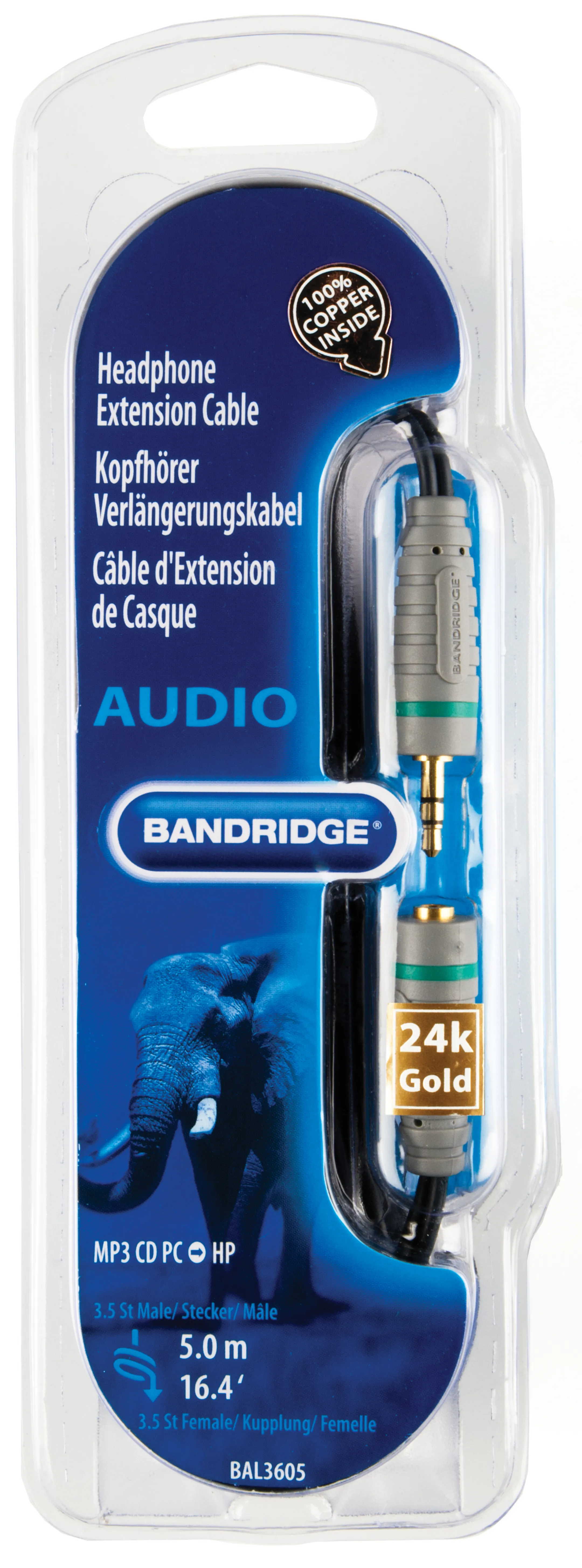 Bandridge Mini jack (3,5 mm)-kabel (Male - Female) - 5 m - BAL3605 image