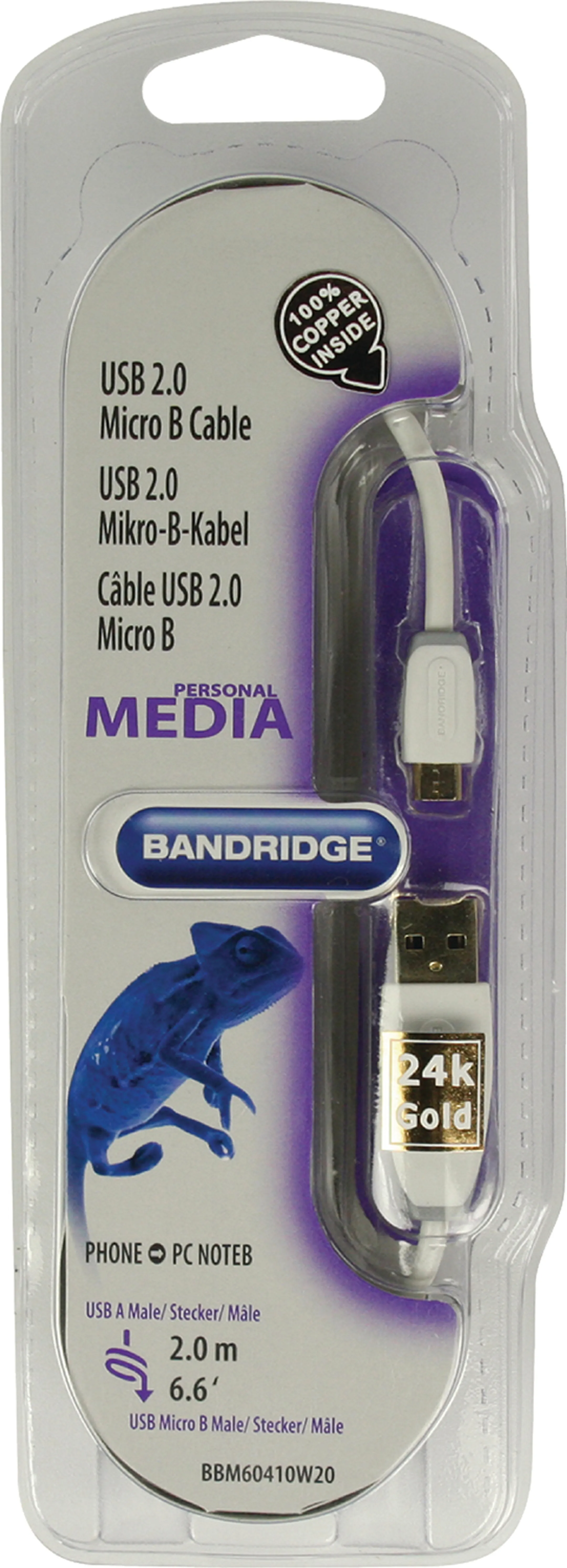 Bandridge Micro USB naar USB A-kabel - 2 m - BBM60410W20 image