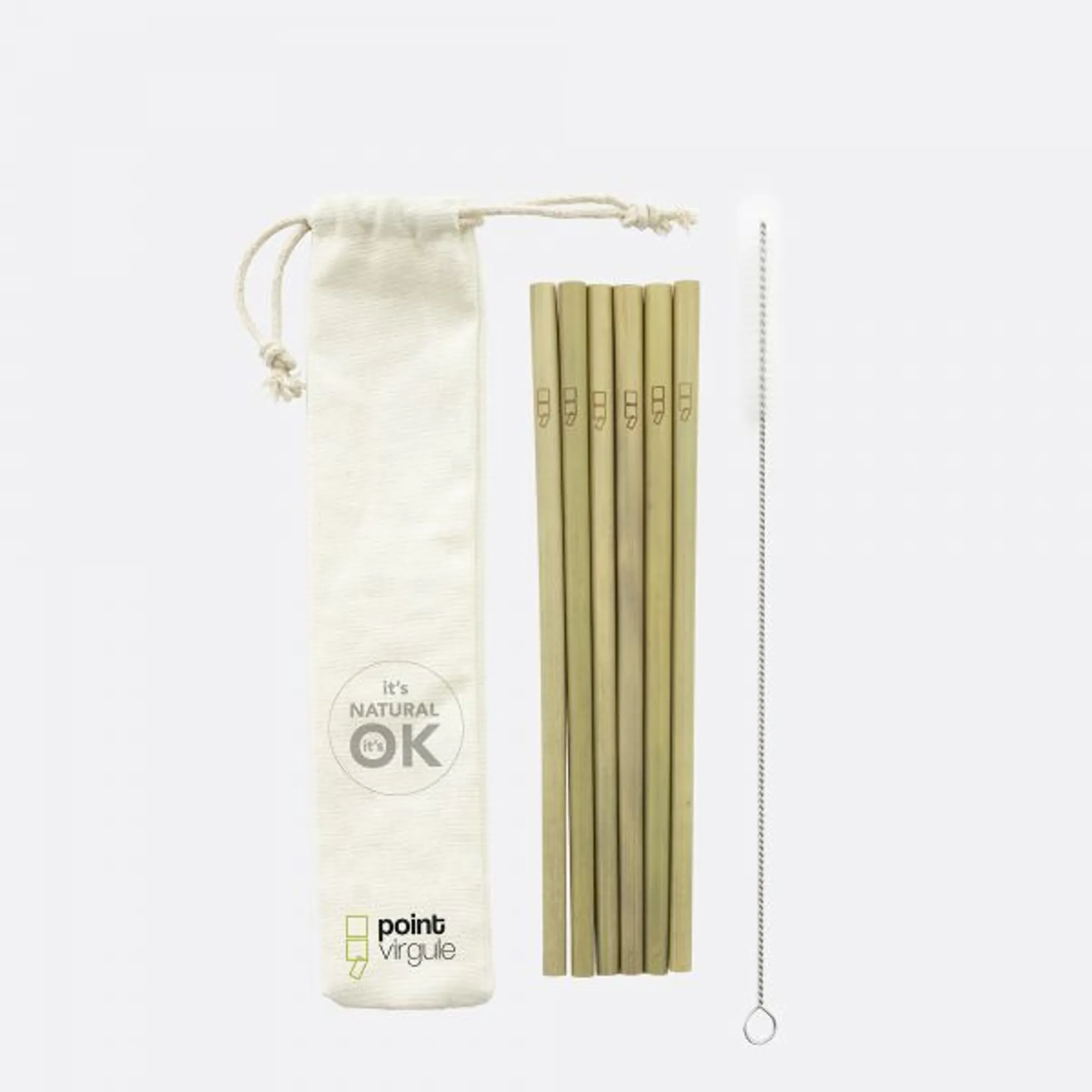 SET DE 6 PAILLES EN BAMBOU AVEC BROSSE DE NETTOYAGE 19.5CM