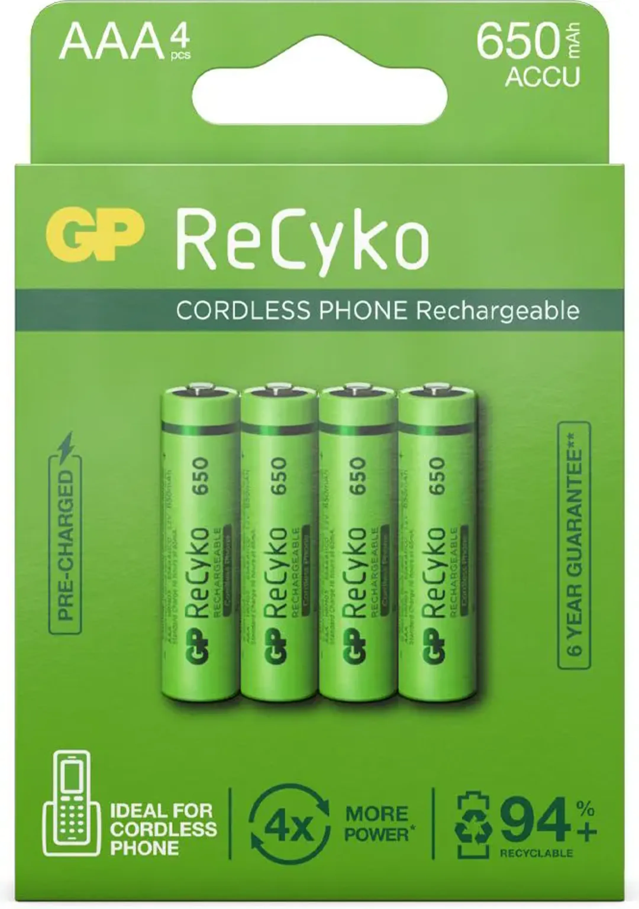 GP Piles rechargeable AAA NiMH 650 mAh ReCyko - 4 pièces image