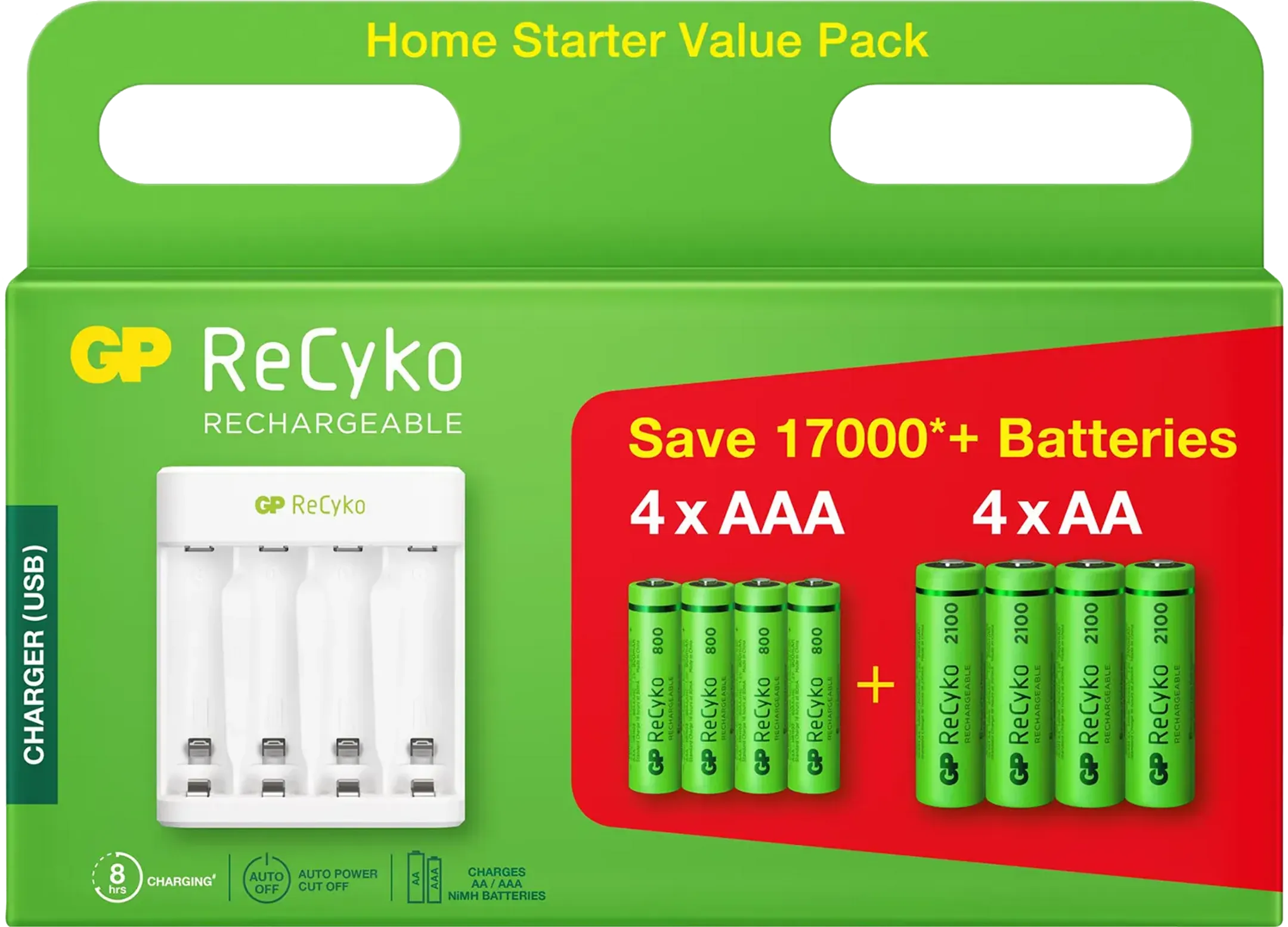 USB batterijlader + 4x AA ReCyko & 4x AAA ReCyko batterijen