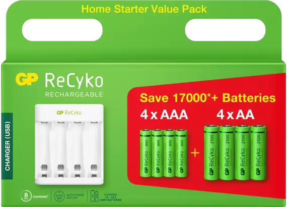 USB batterijlader + 4x AA ReCyko & 4x AAA ReCyko batterijen