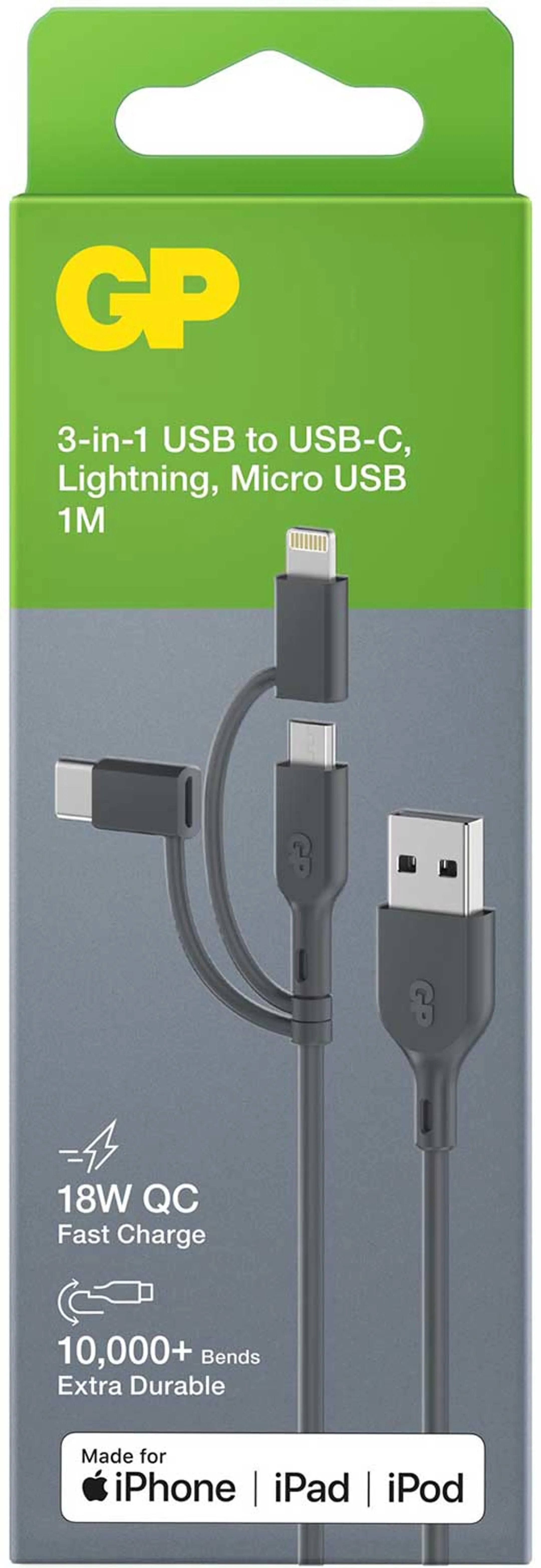 GP Lightning, USB C en micro USB naar USB A-kabel - 1 m - CY1N image