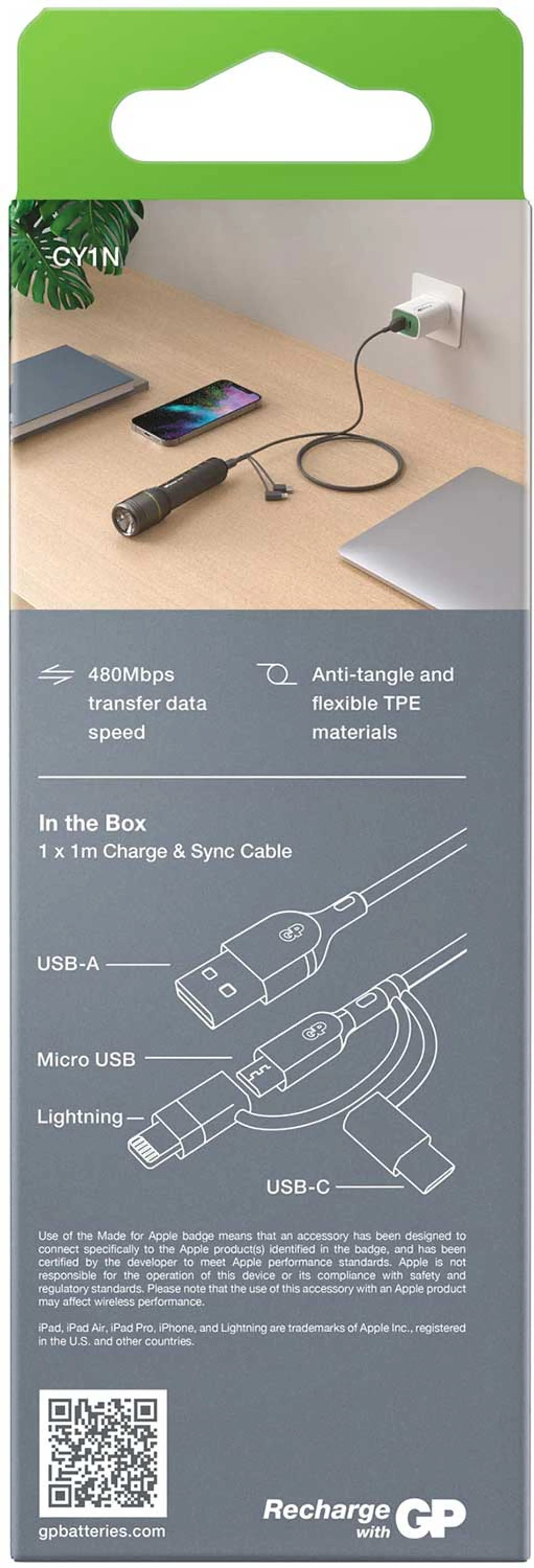 GP Lightning, USB C en micro USB naar USB A-kabel - 1 m - CY1N image