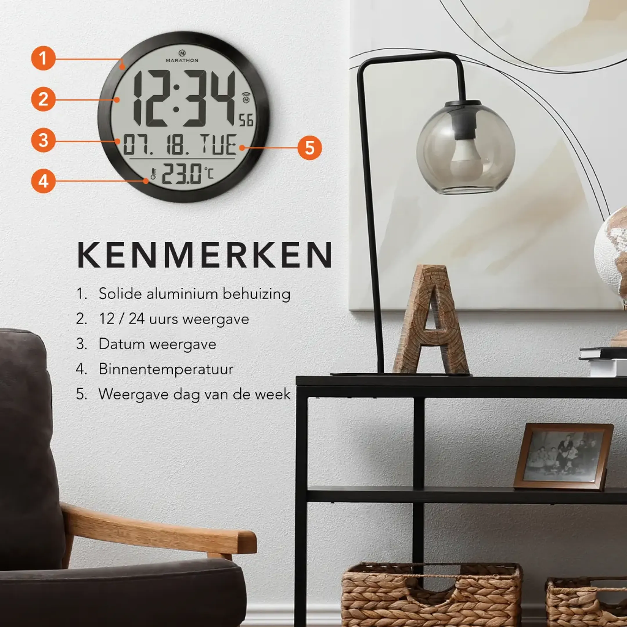 Marathon Wandklok met temperatuur- en datumweergave - Miami image