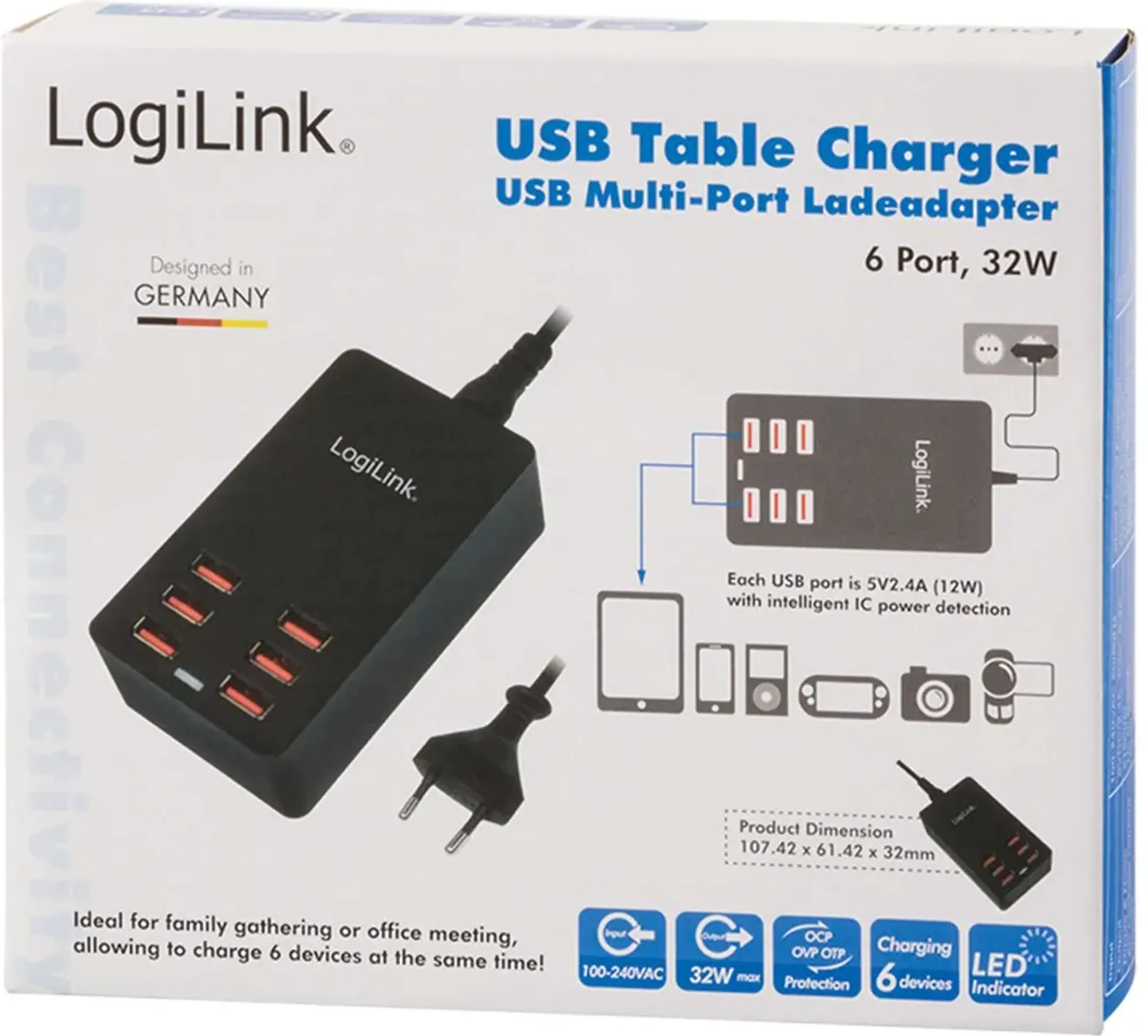 Logilink 32 W USB netstroomlader - 6 poorten image