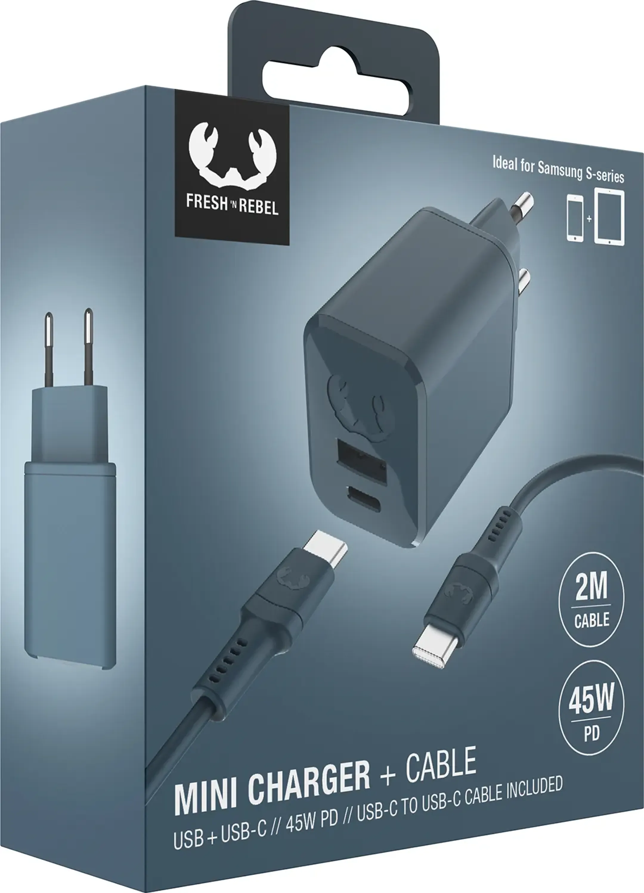 Fresh 'n Rebel 45 W USB A en USB C Mini netstroomlader met Power Delivery + USB C-kabel - Dive Blue - 2 m. image