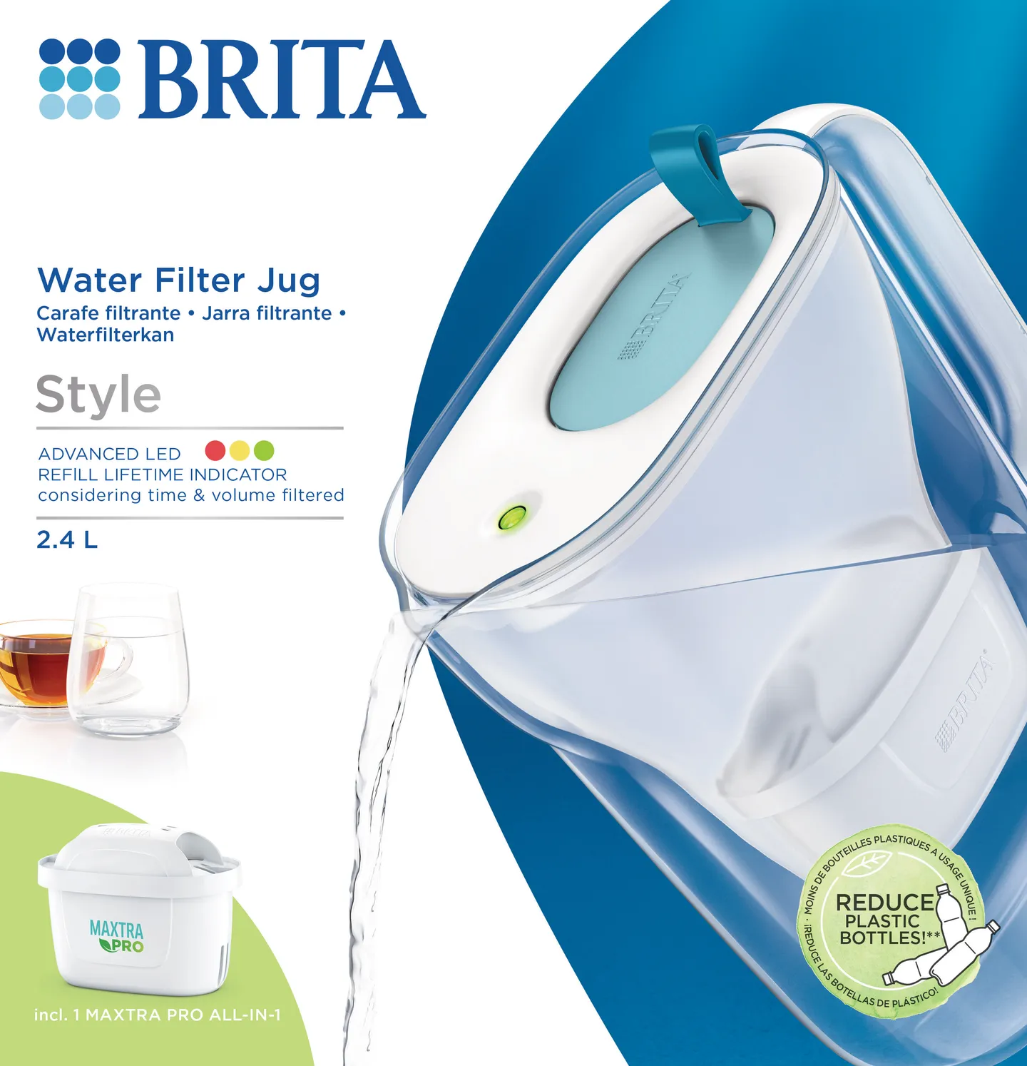 Carafe Filtrante BRITA Style Eco Bleu Glacier 2,4L Avec Filtre MAXTRA PRO - Réduit Calcaire, Chlore Et Impuretés - Lavable Au Lave-vaisselle