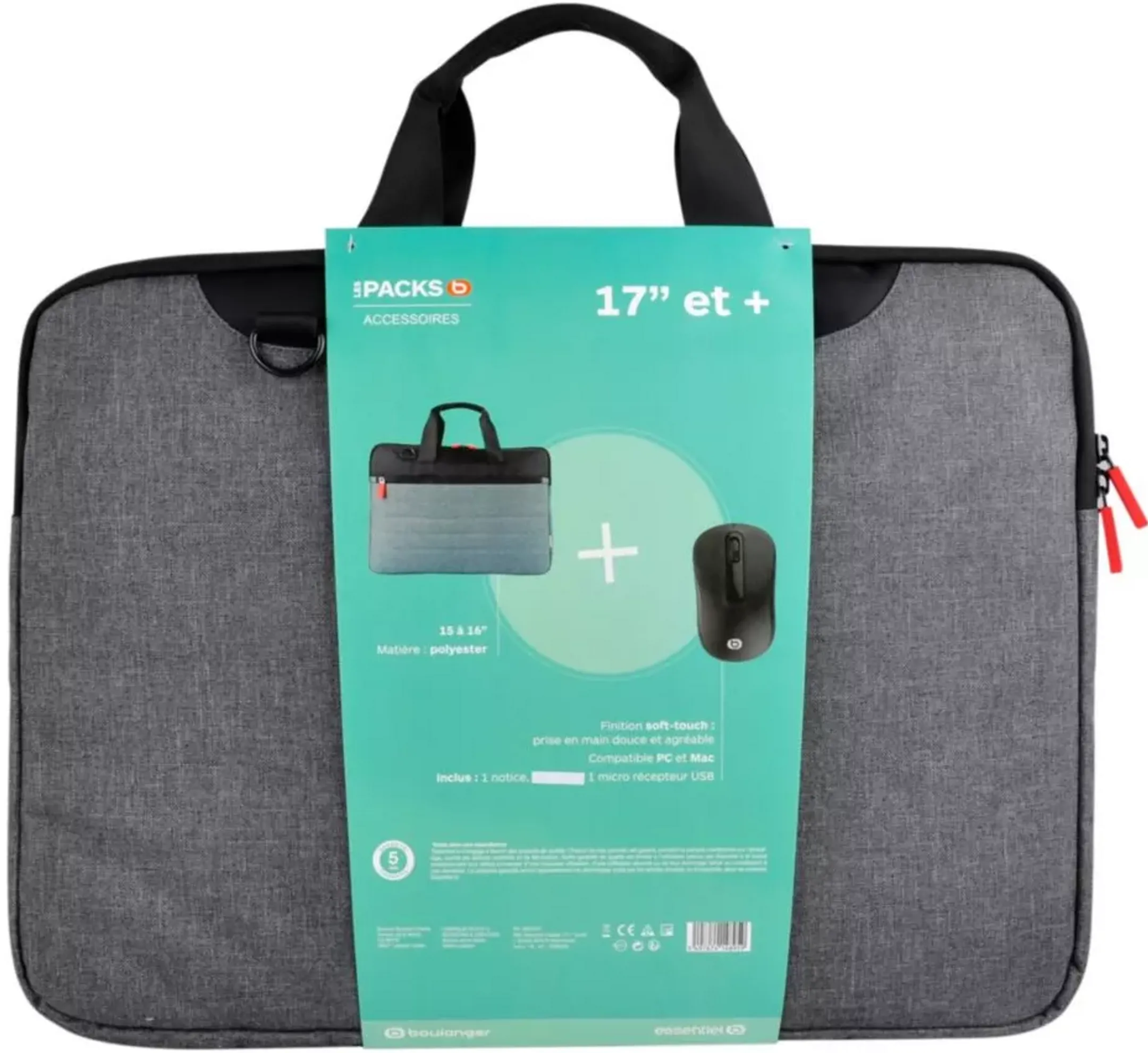 Essentiel-B Sacoche 17'' Classic Gris/Rouge + Souris sans fil image