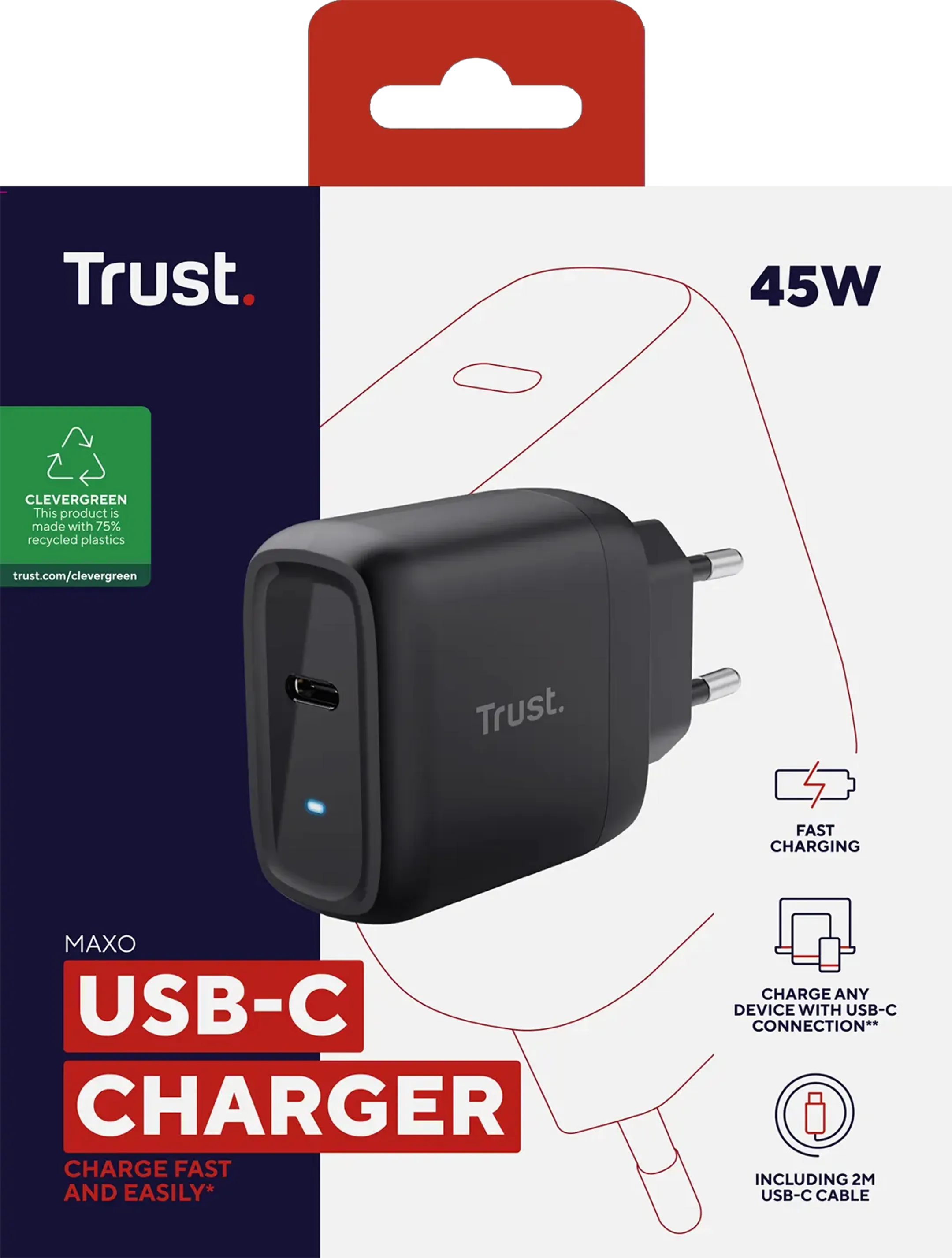 Trust Maxo USB C-oplader met USB C-kabel 2 m. - 45 W image