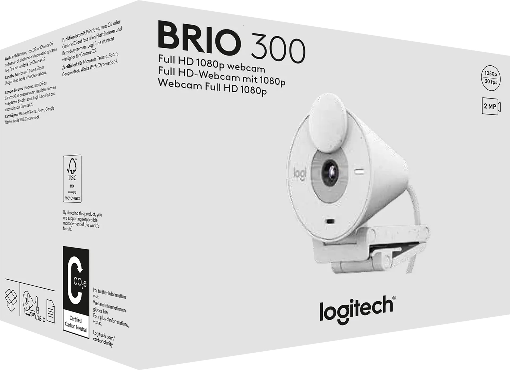 Logitech Webcam Full HD Brio 300 avec correction luminosité - Blanc image