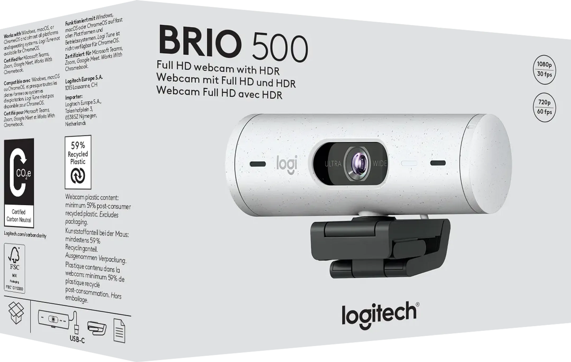 Logitech Webcam Full HD Brio 500 avec cadrage automatique et correction luminosité - Blanc image