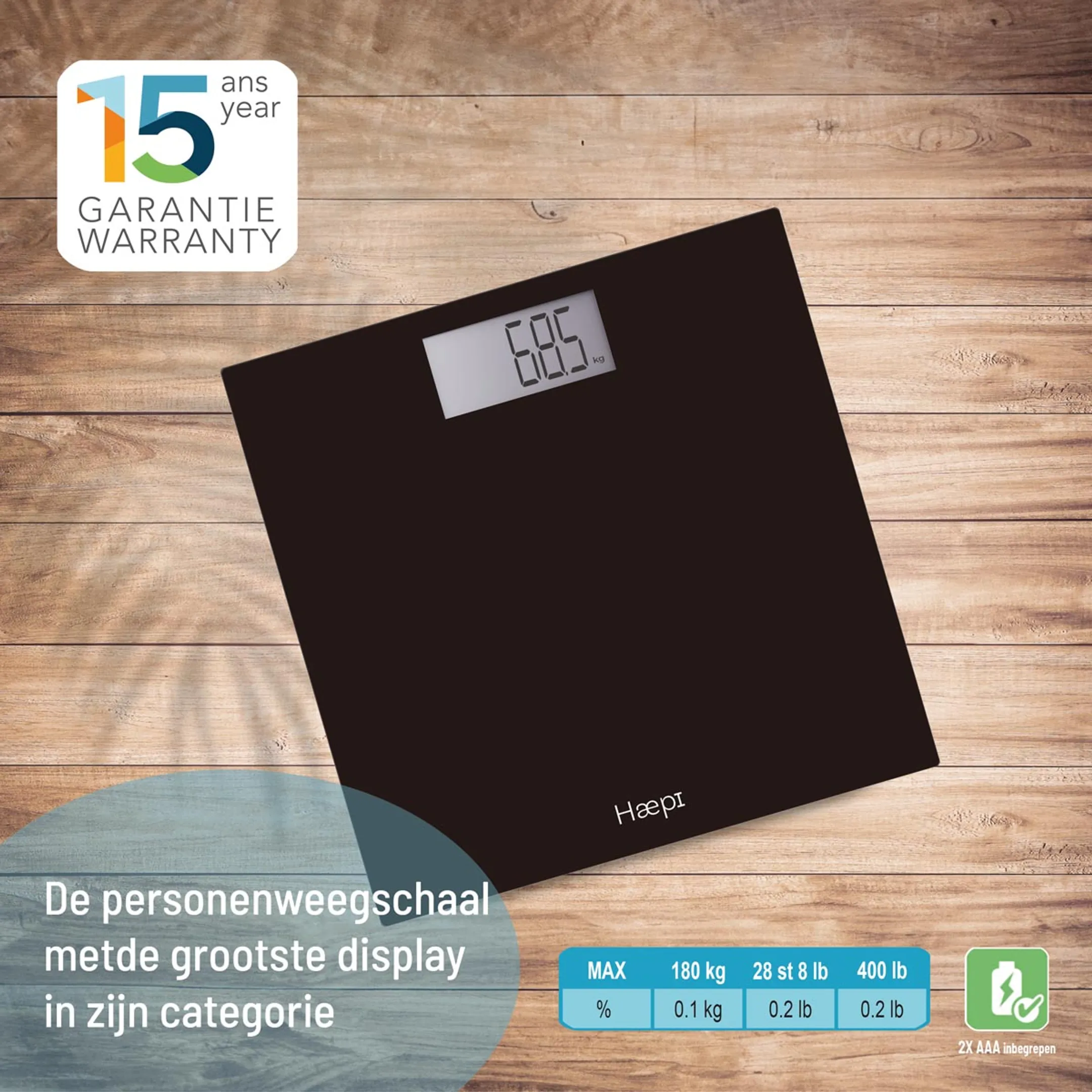HAEPI Personenweegschaal, 180kg, Grote Cijfers, Incl. Batt image