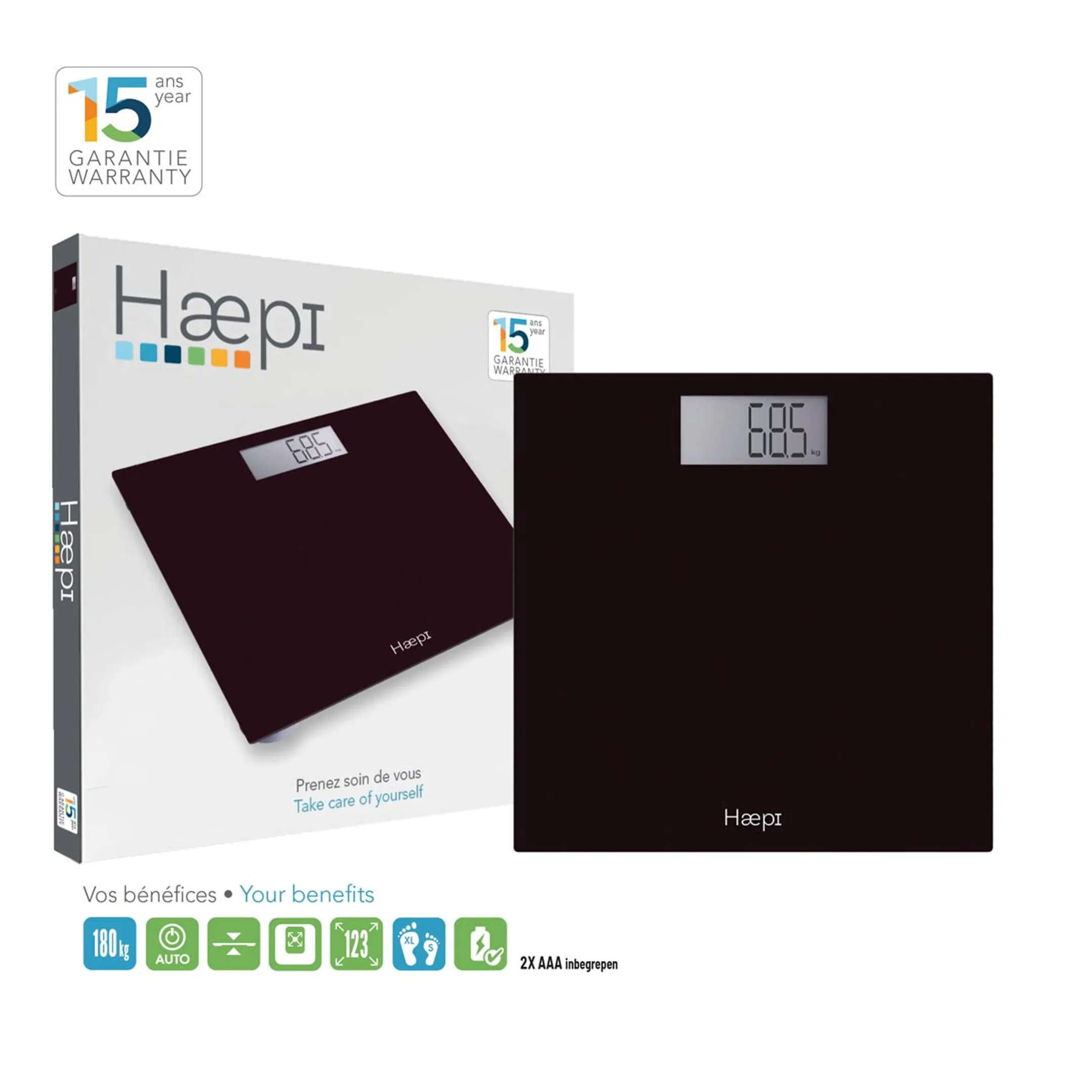 HAEPI Personenweegschaal, 180kg, Grote Cijfers, Incl. Batt image