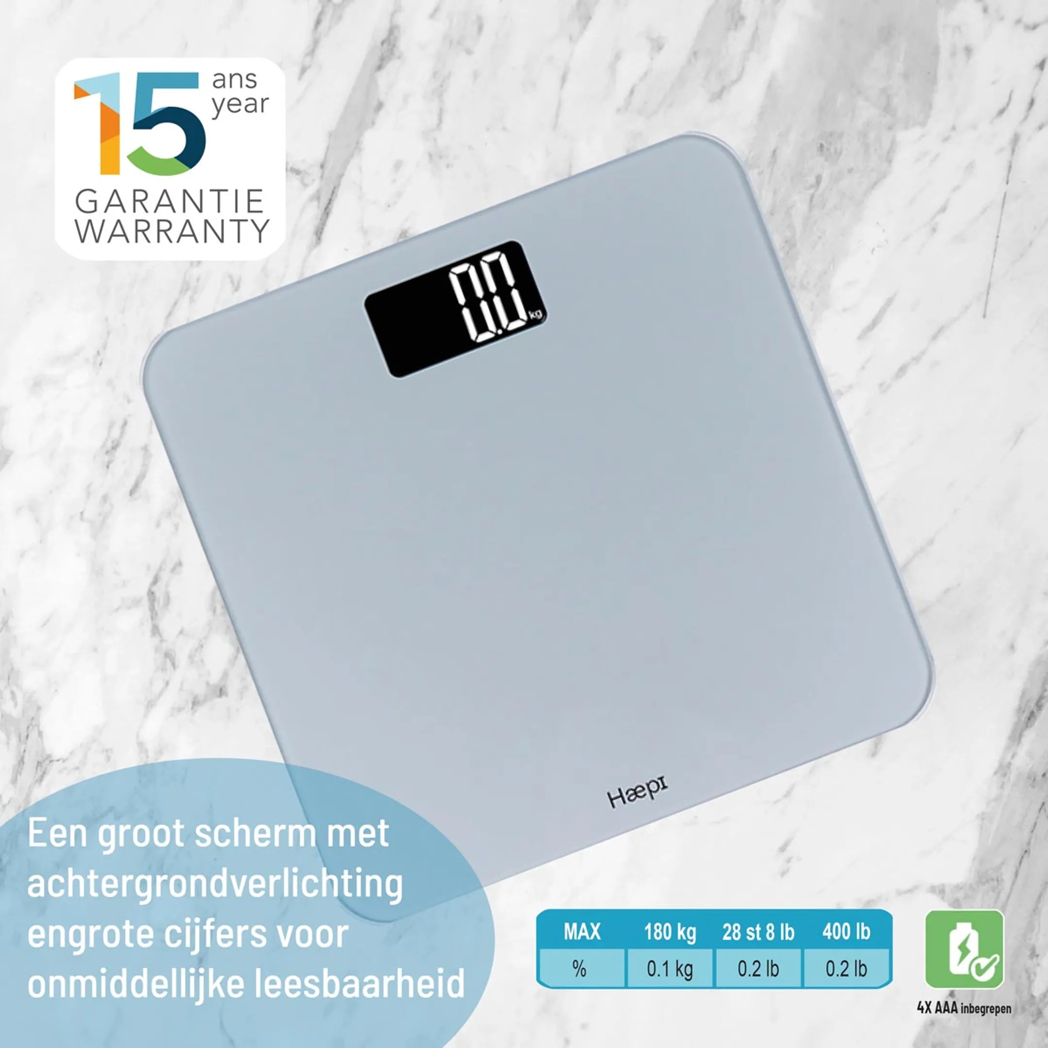 HAEPI Personenweegschaal, Groot Display, 180kg, Batterijen incl image