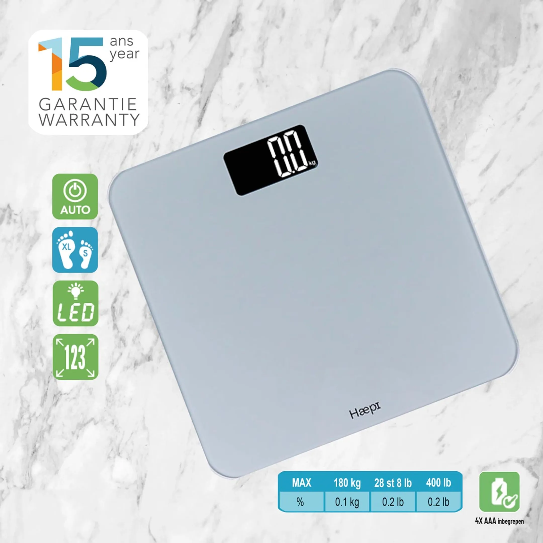 HAEPI Personenweegschaal, Groot Display, 180kg, Batterijen incl image