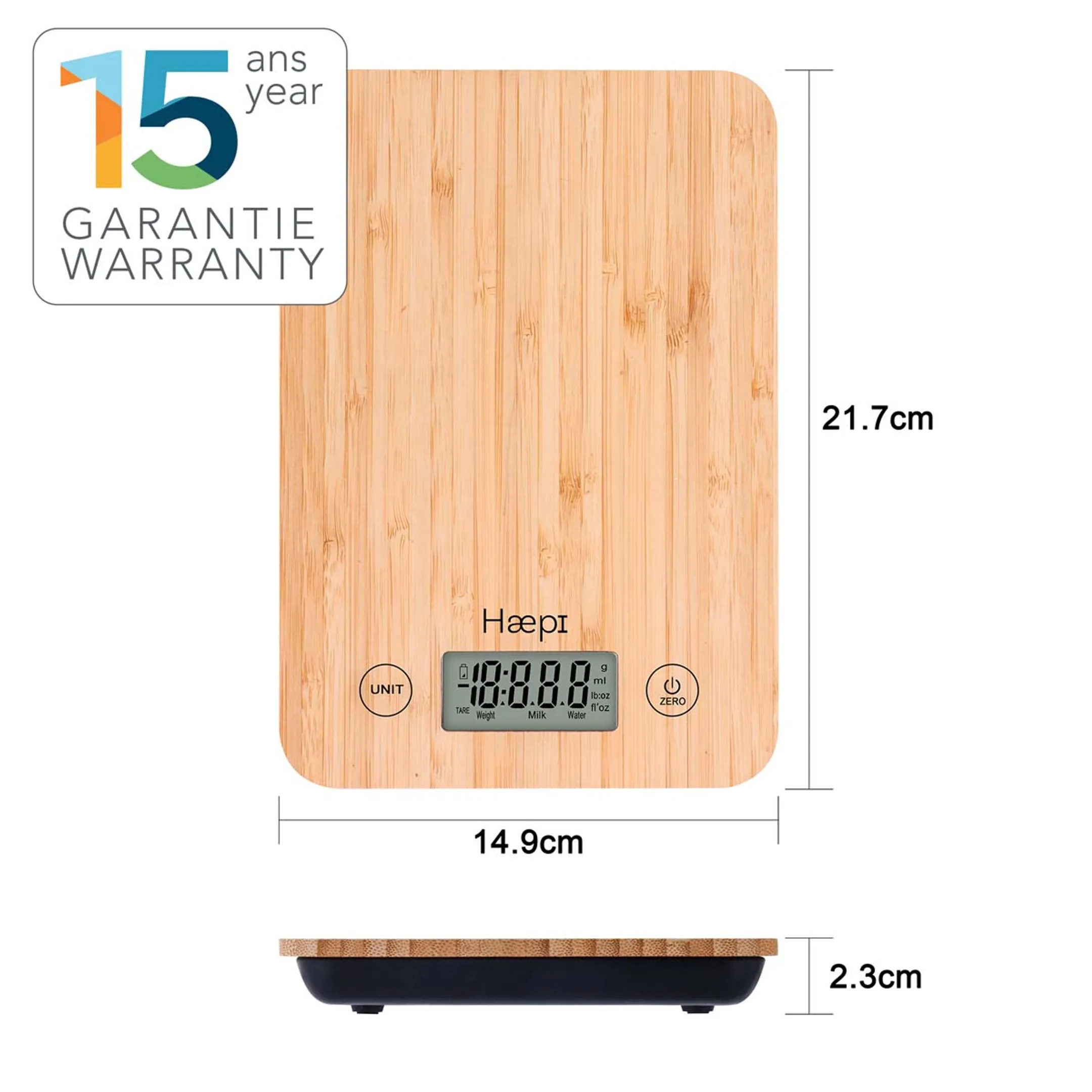 HAEPI Balance Cuisine Bambou 5kg, Tare, Piles incluses image