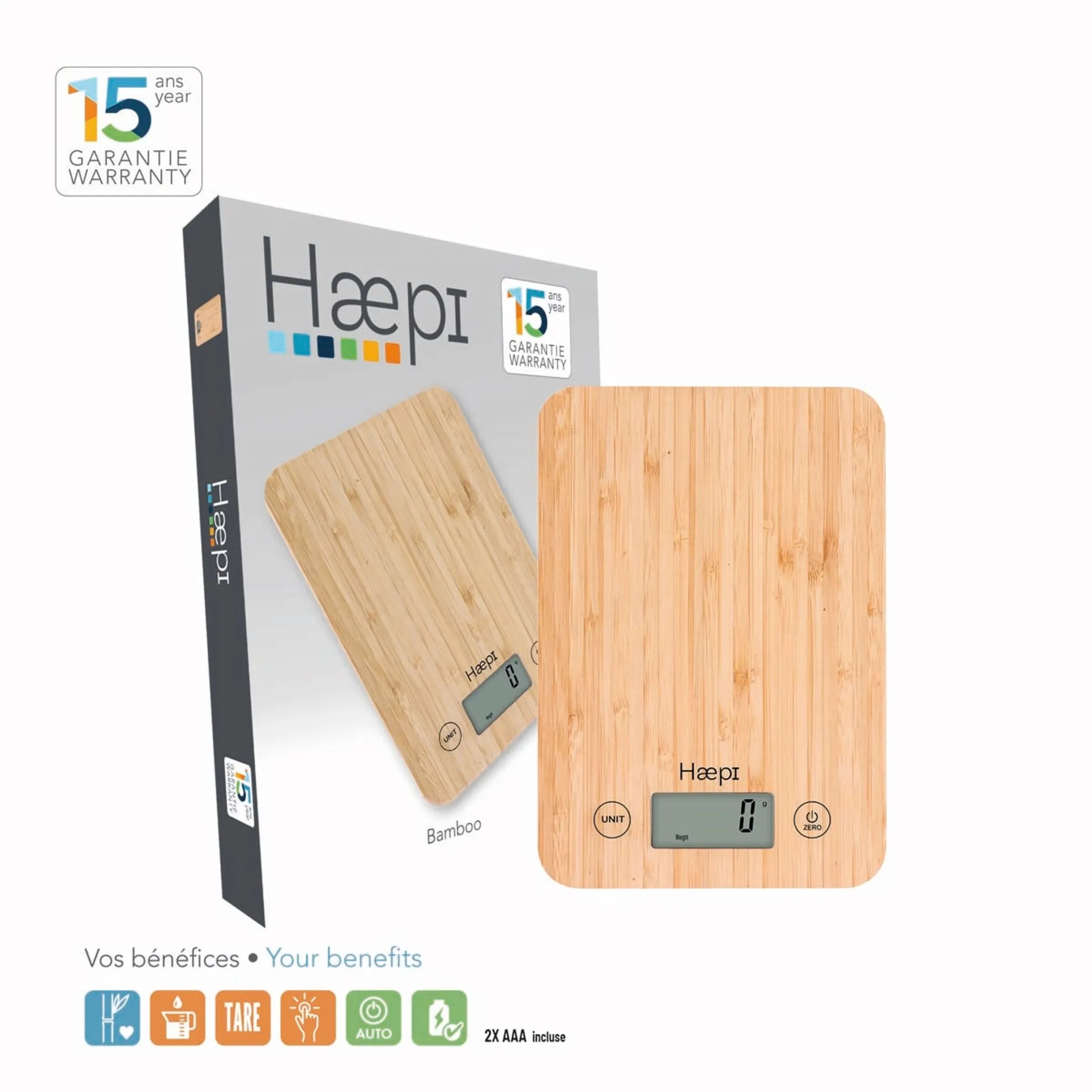 HAEPI Balance Cuisine Bambou 5kg, Tare, Piles incluses image