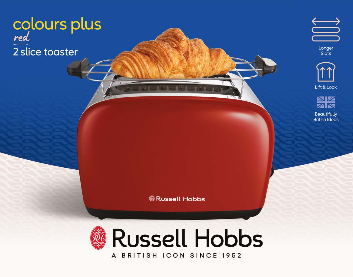 Russell Hobbs Honingraat-broodrooster voor 2 sneden (extra brede sleuven, hoge heffunctie, 6 bruiningsniveaus, vries-/terugloop-/verwarmingsfunctie, opvangbak