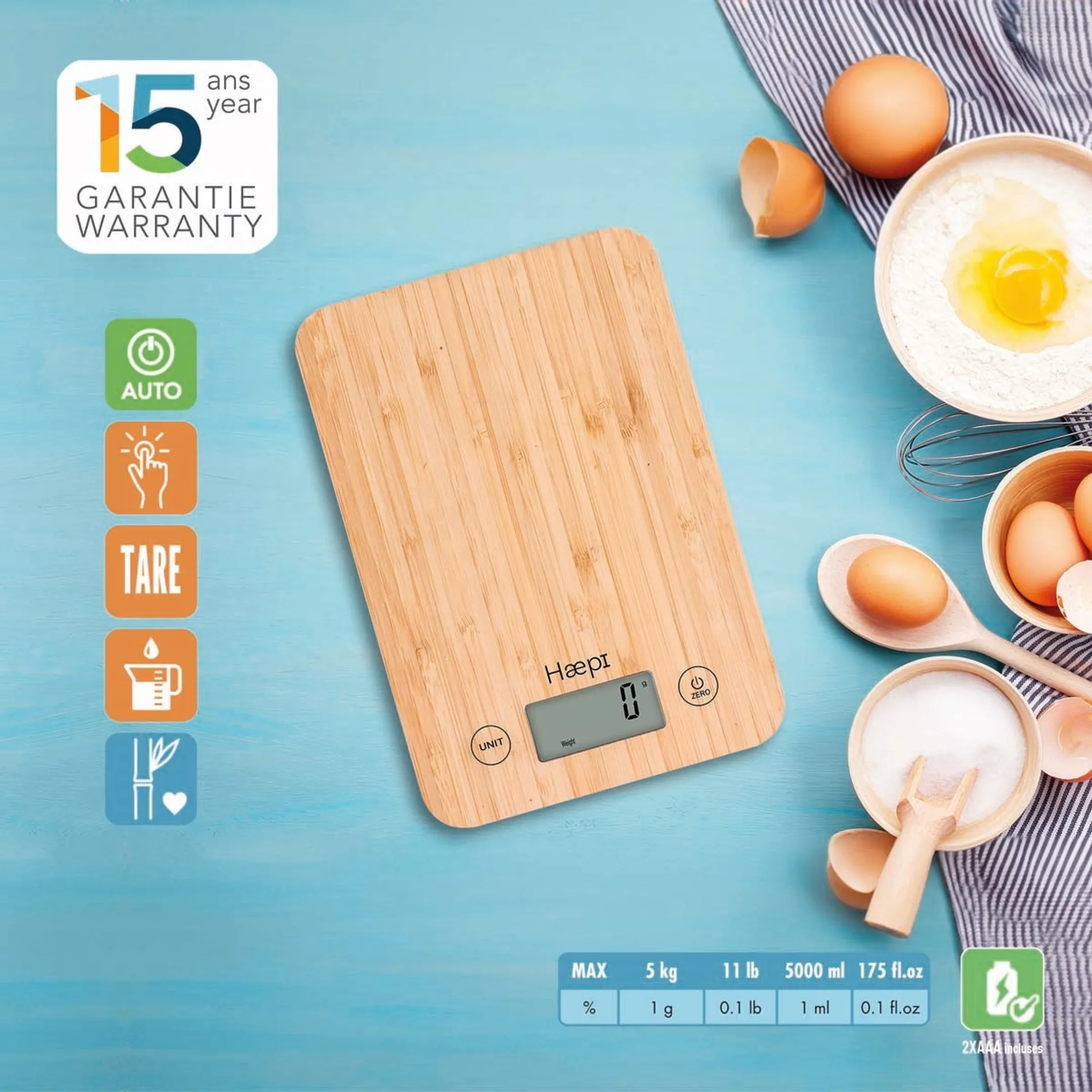 HAEPI Balance Cuisine Bambou 5kg, Tare, Piles incluses image