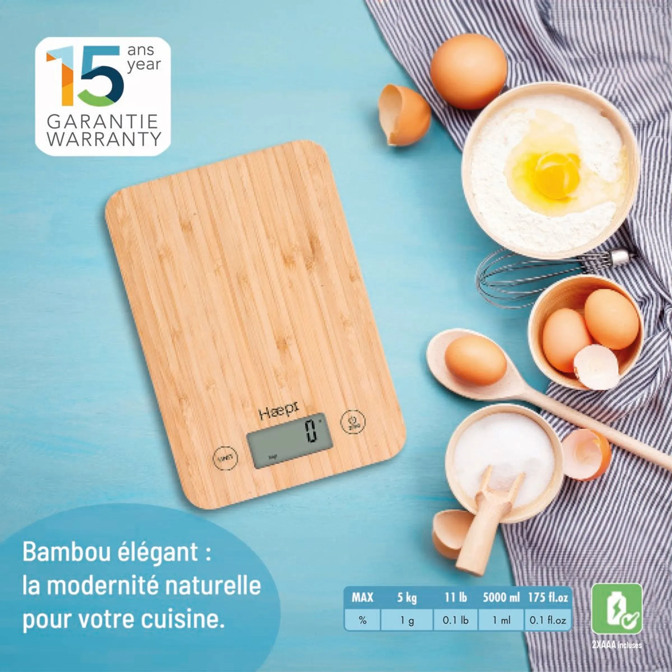 HAEPI Balance Cuisine Bambou 5kg, Tare, Piles incluses image