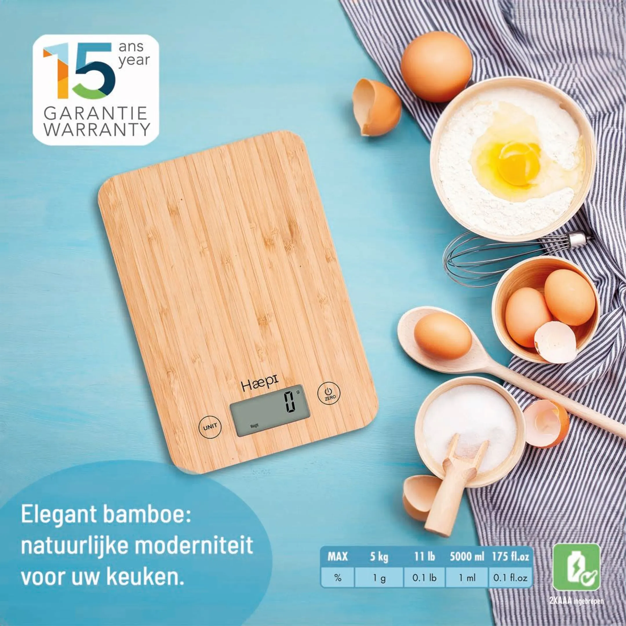 HAEPI Bamboe Keukenweegschaal 5kg, Tara, Incl. Batterijen image