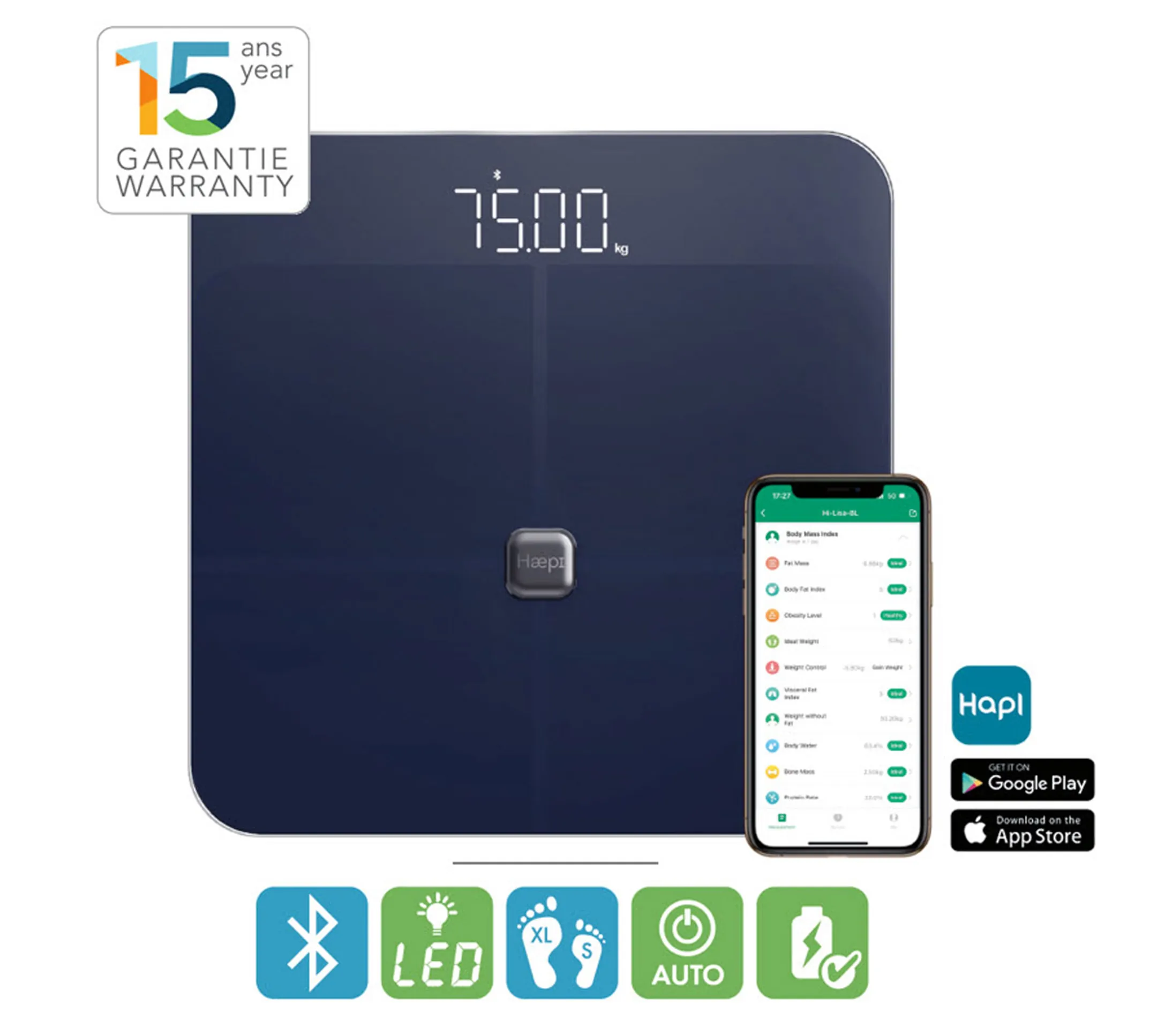 HAEPI Personenweegschaal Bluetooth Impedantiemeter, 15 Metingen, Batterijen incl image