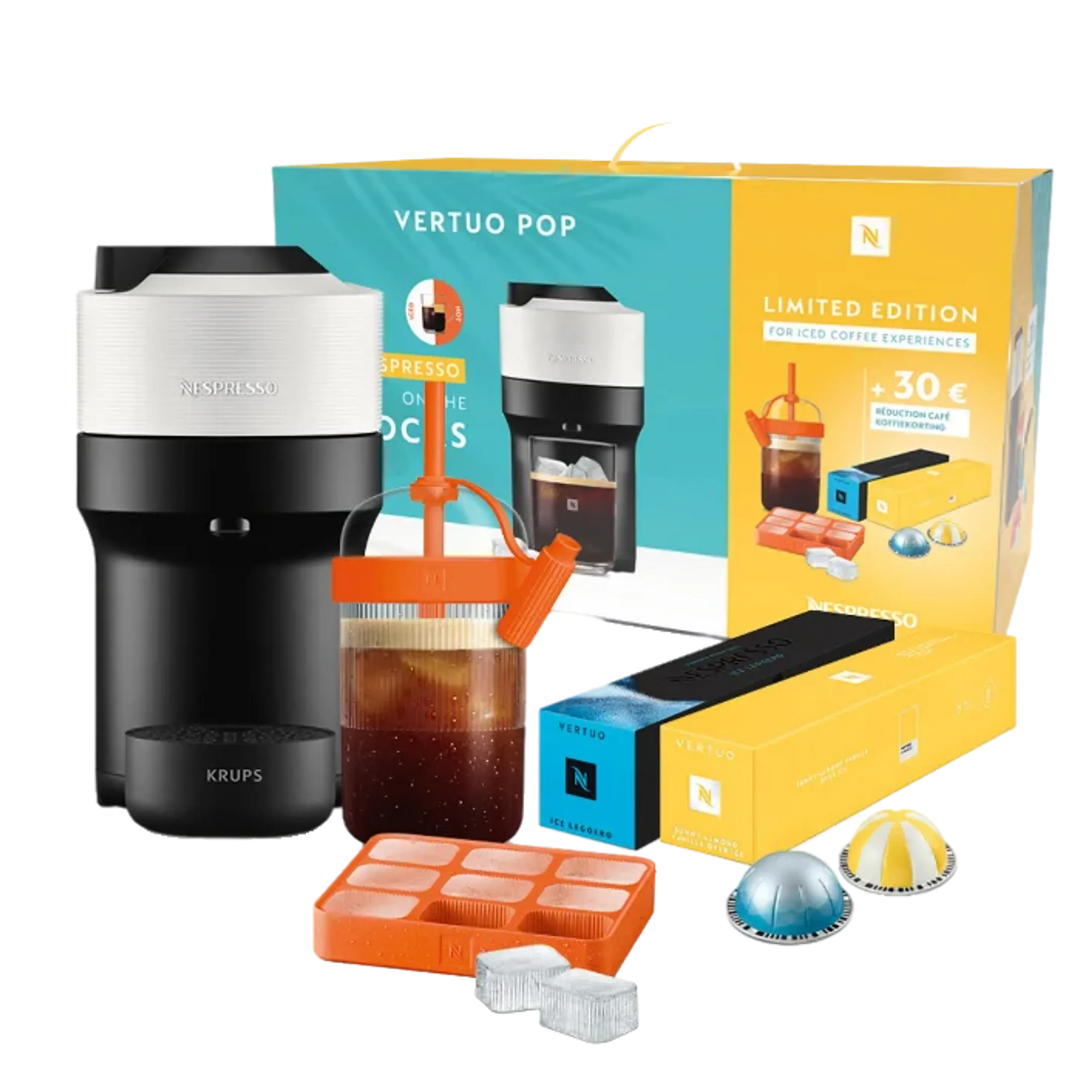 Koffiemachine Nespresso Vertuo Pop Coconut White + 20 capsules + Tumbler + Ijsblokjesvorm