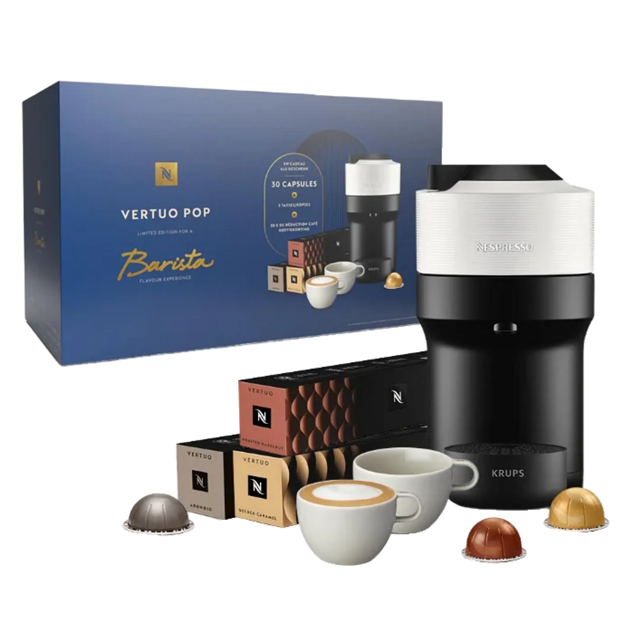 Machine à café Nespresso Vertuo Pop Coconut White + 30 capsules + 2 tasses cappuccino