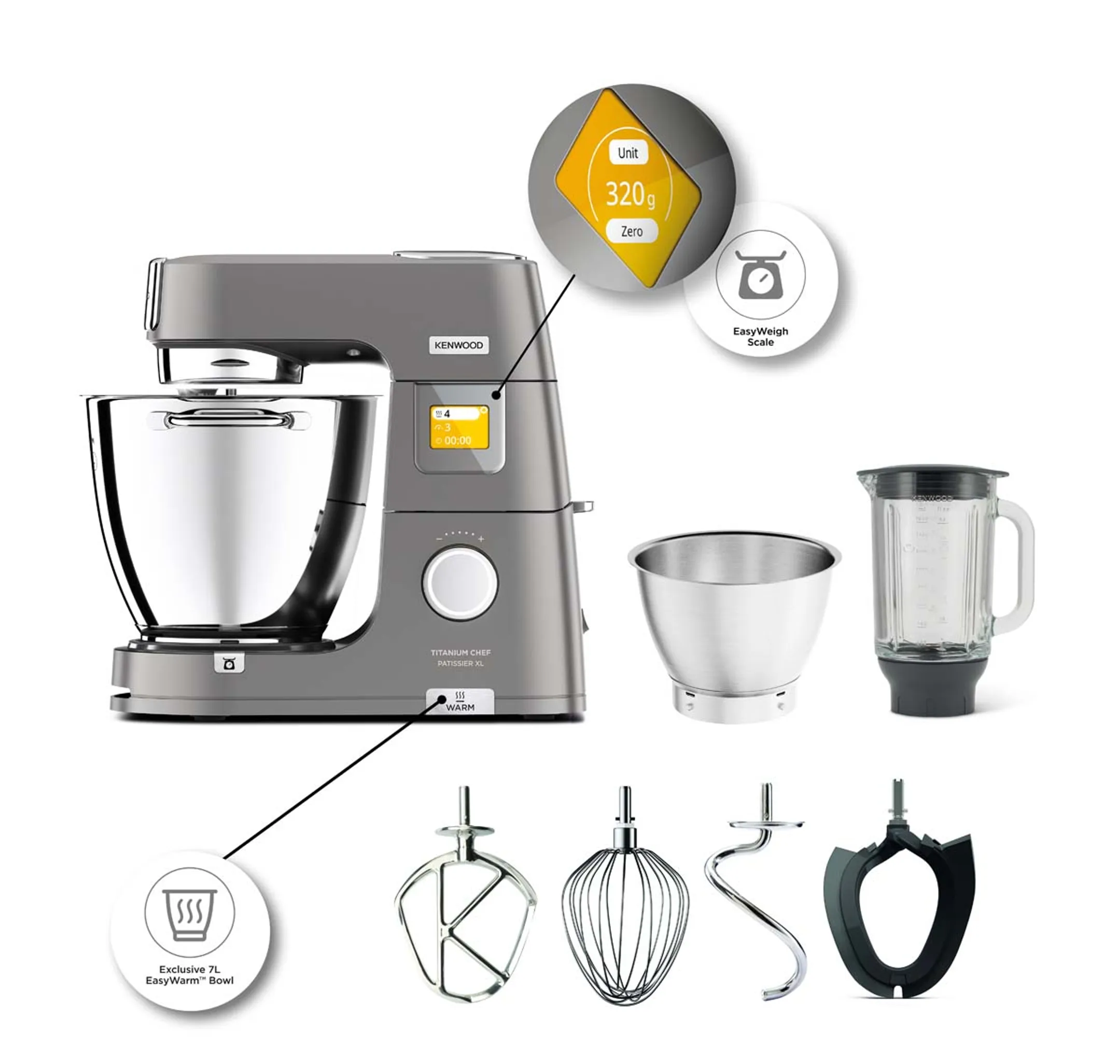 Keukenrobot Titanium Chef Patissier XL met geïntegreerde weegschaal en warmfuntie KWL90.124SI