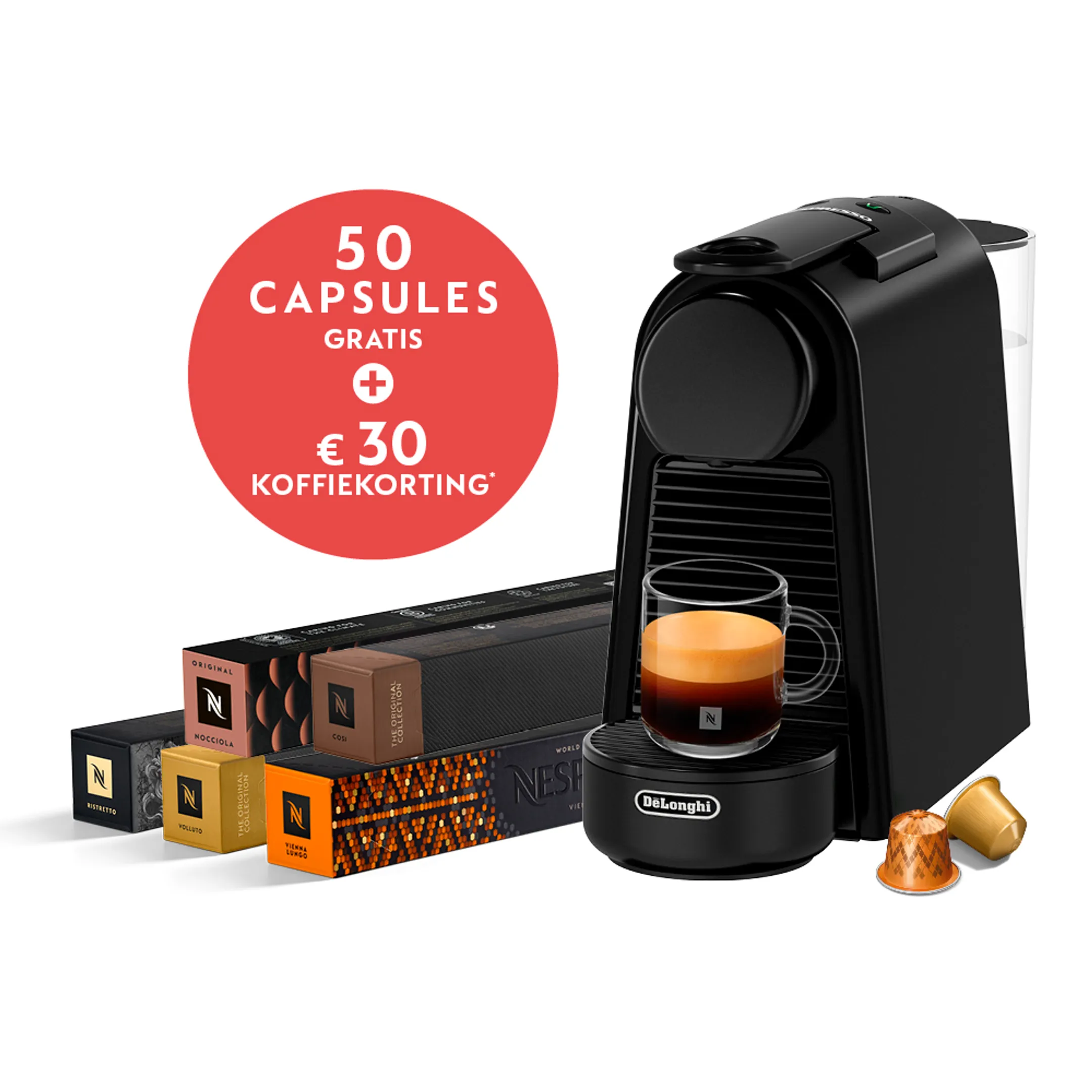 De'Longhi Koffiemachine Nespresso Essenza Mini Black + 50 capsules + €30 koffiekorting image