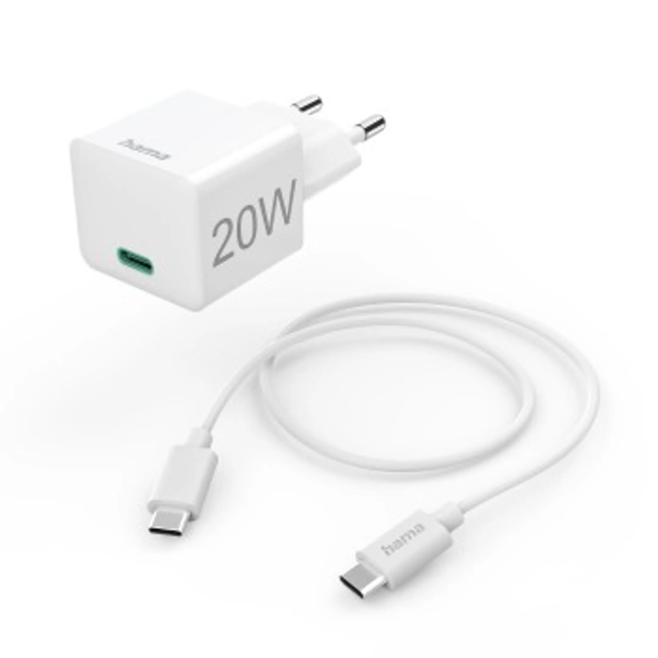 Snellader met oplaadkabel USB-C, mini-oplader, PD, 20 W, 1 m, wit