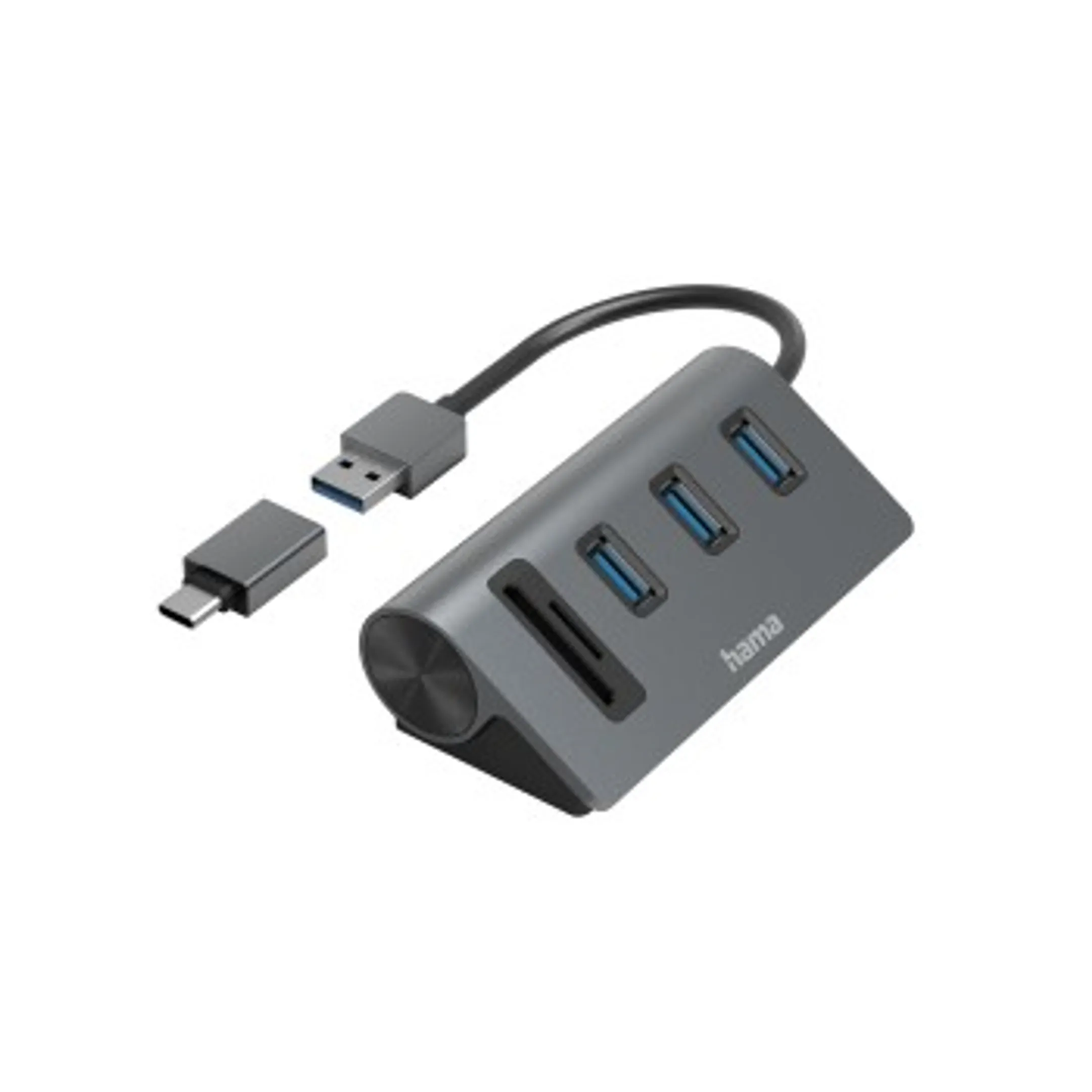 OTG-hub / kaartlezer, 5-poorts, 3x USB-A, SD, microSD, incl. USB-C-adapter