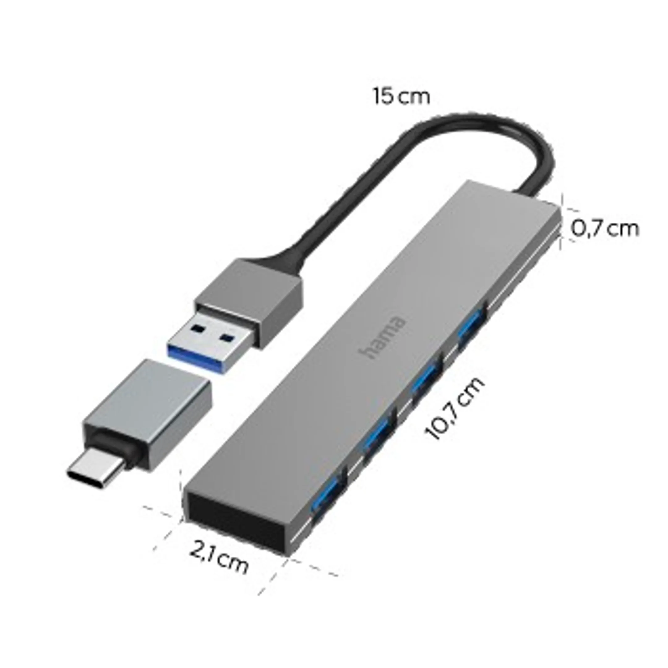 Hama Hub USB, 4 ports, USB 3.2 Gen1, 5 Gbit / s, ultraslim avec adaptateur USB-C image