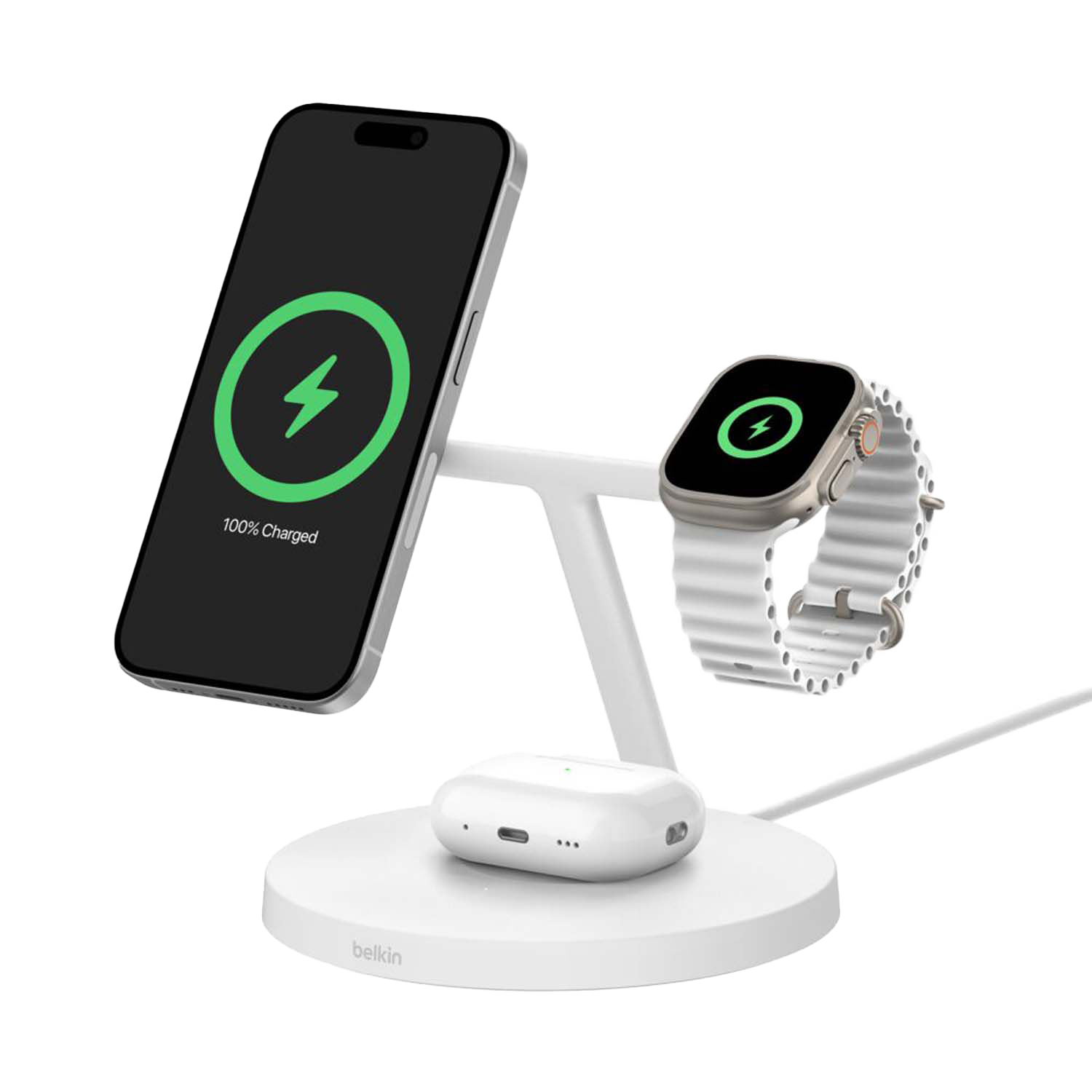 Belkin 3-in-1 draadloze Qi2-laadstand - 15W - Wit