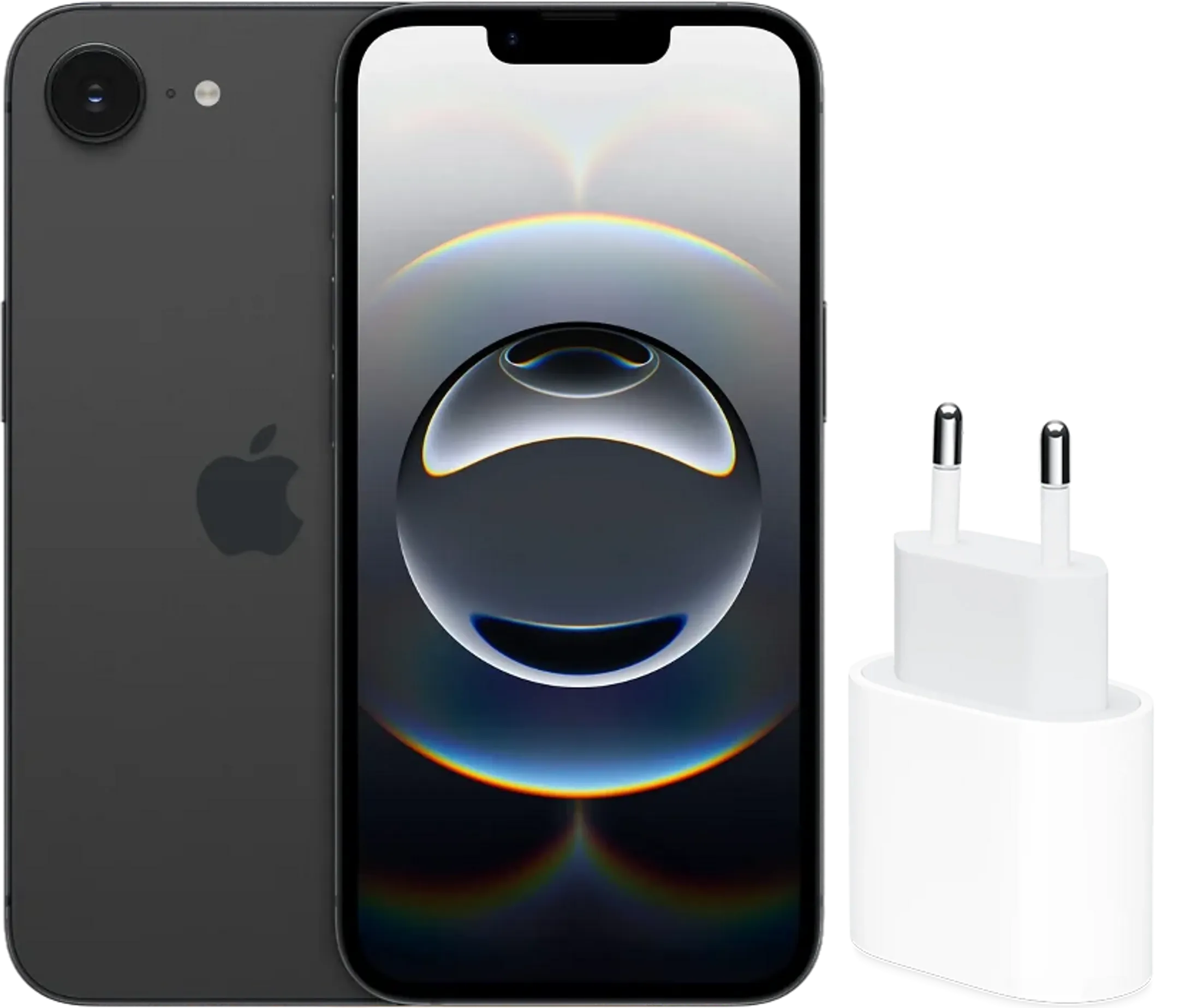 Bundel - iPhone 16e 128 GB - Zwart + USB‑C-lichtnetadapter 20 W - Wit
