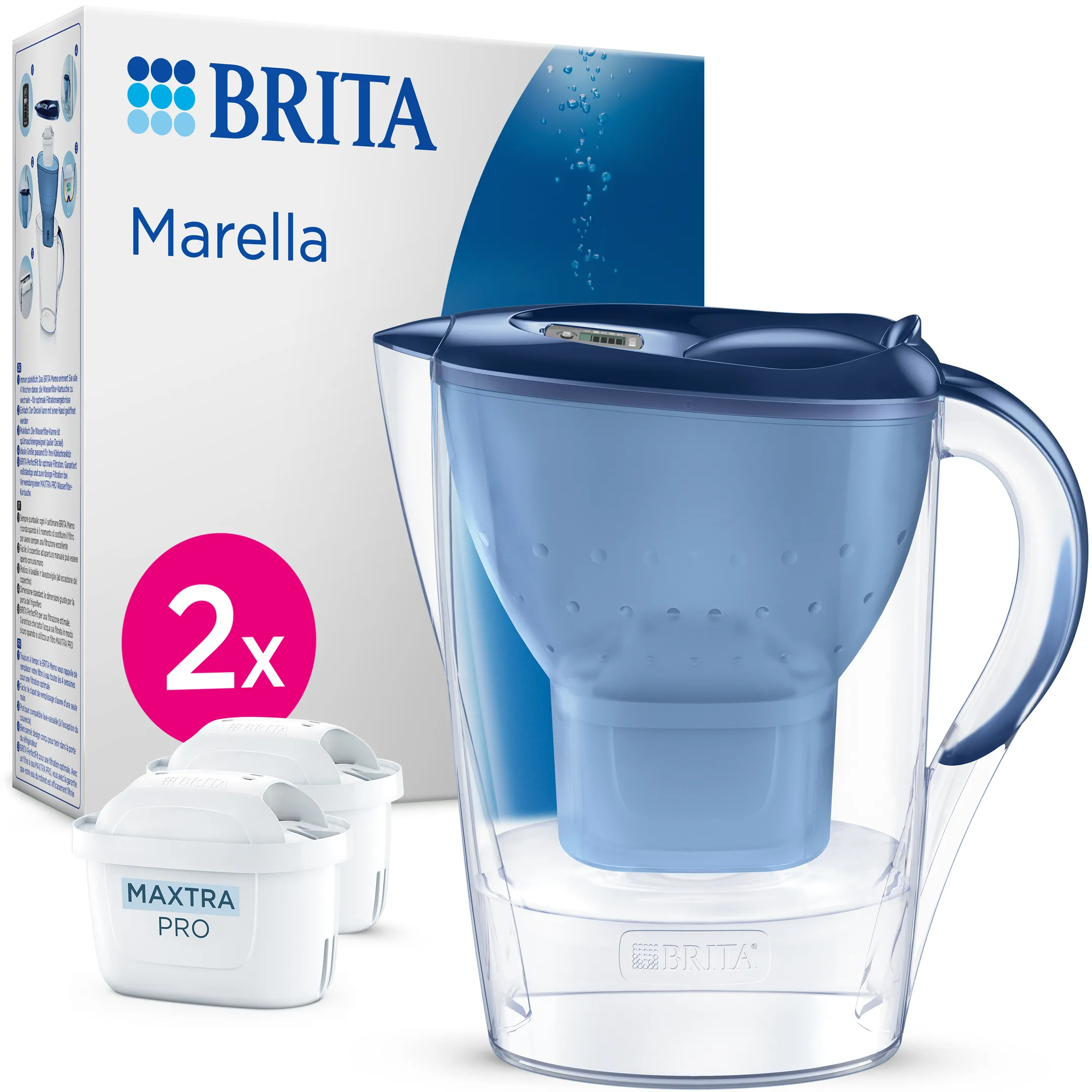 Marella Carafe filtrante 2,4 L - Cool Blue - 2 filtres à eau Maxtra Pro inclus