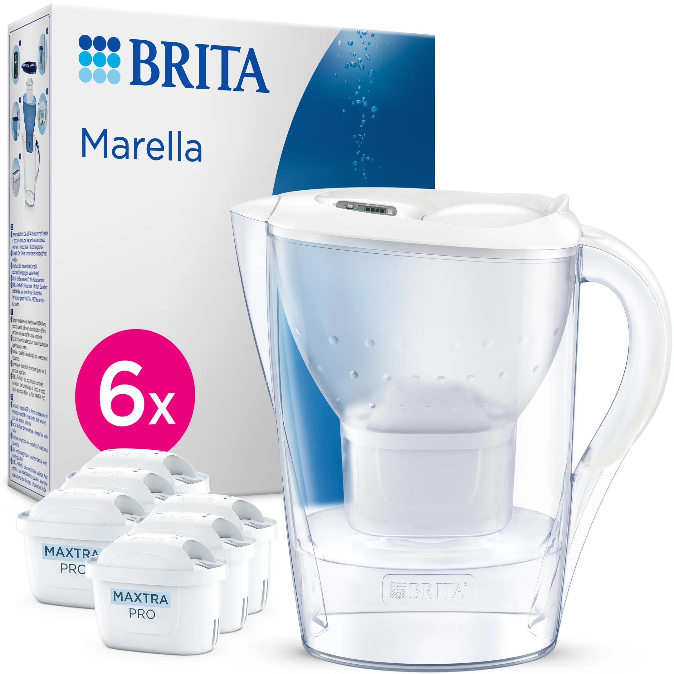 Marella Carafe filtrante 2,4 L - Cool White - 6 filtres à eau Maxtra Pro inclus