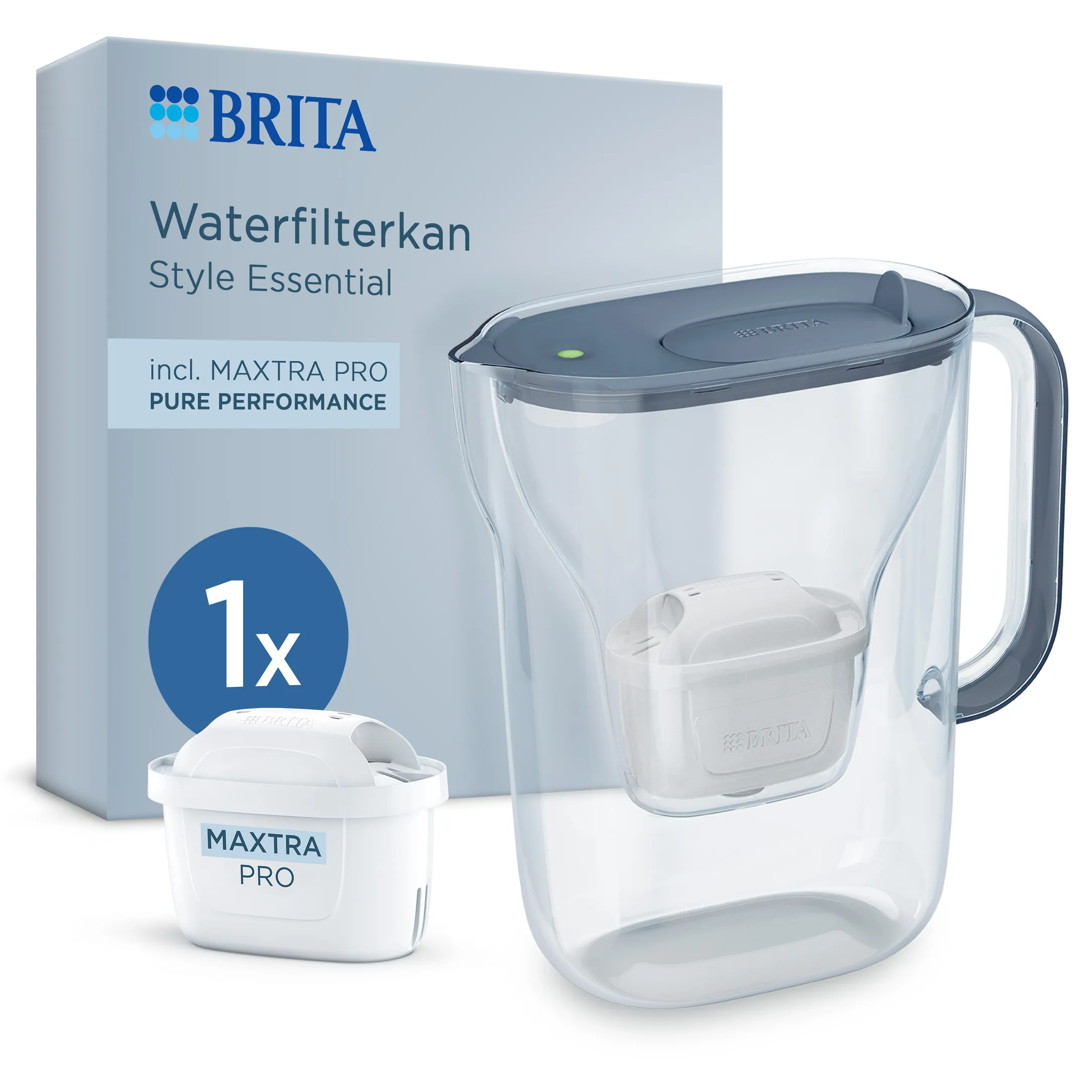 Style Essential Carafe filtrante 2,4 L - Bleu pierre - avec 1 filtre à eau Maxtra Pro
