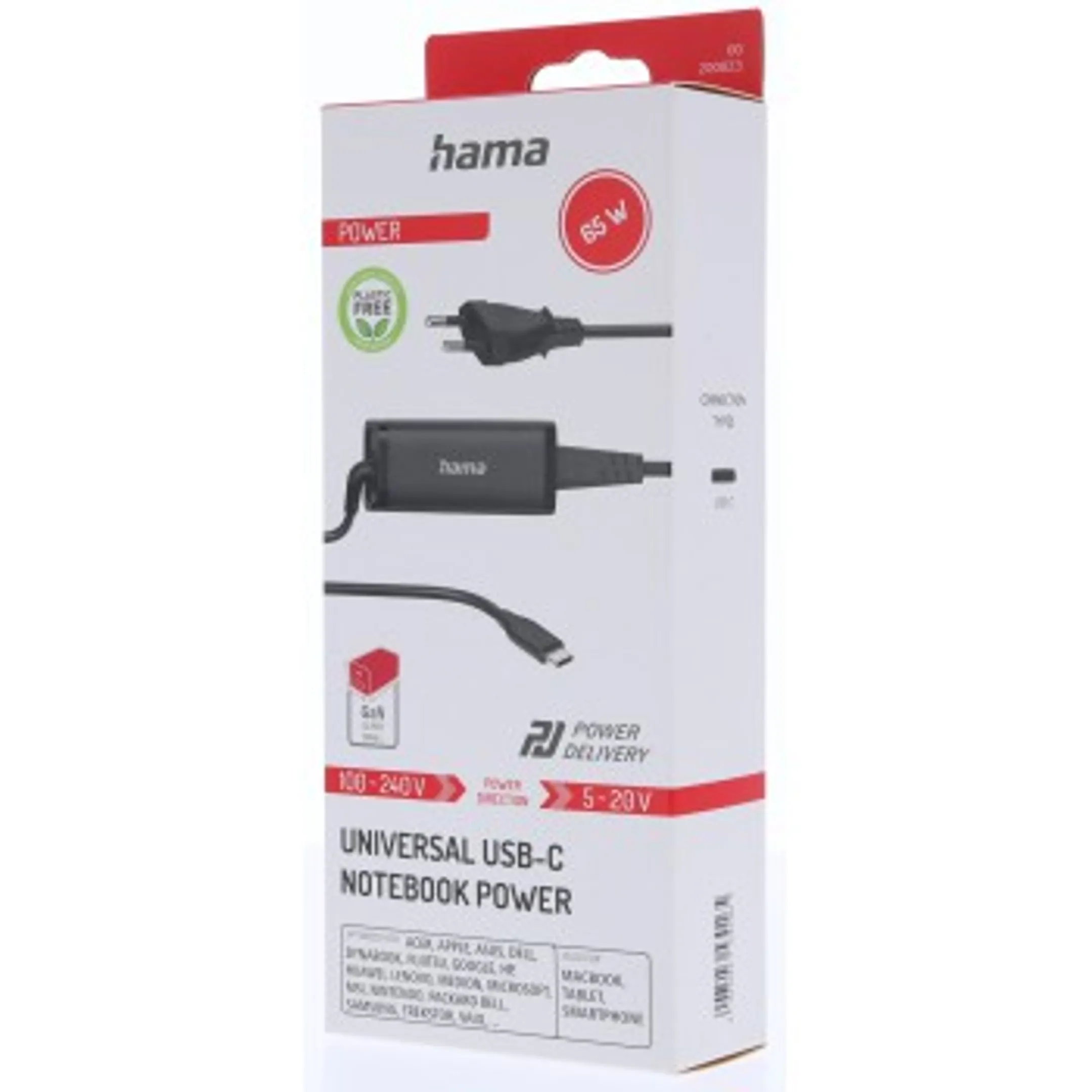 Universele USB-C-notebook-netadapter, GaN, Power Delivery (PD), 5-20V/65W