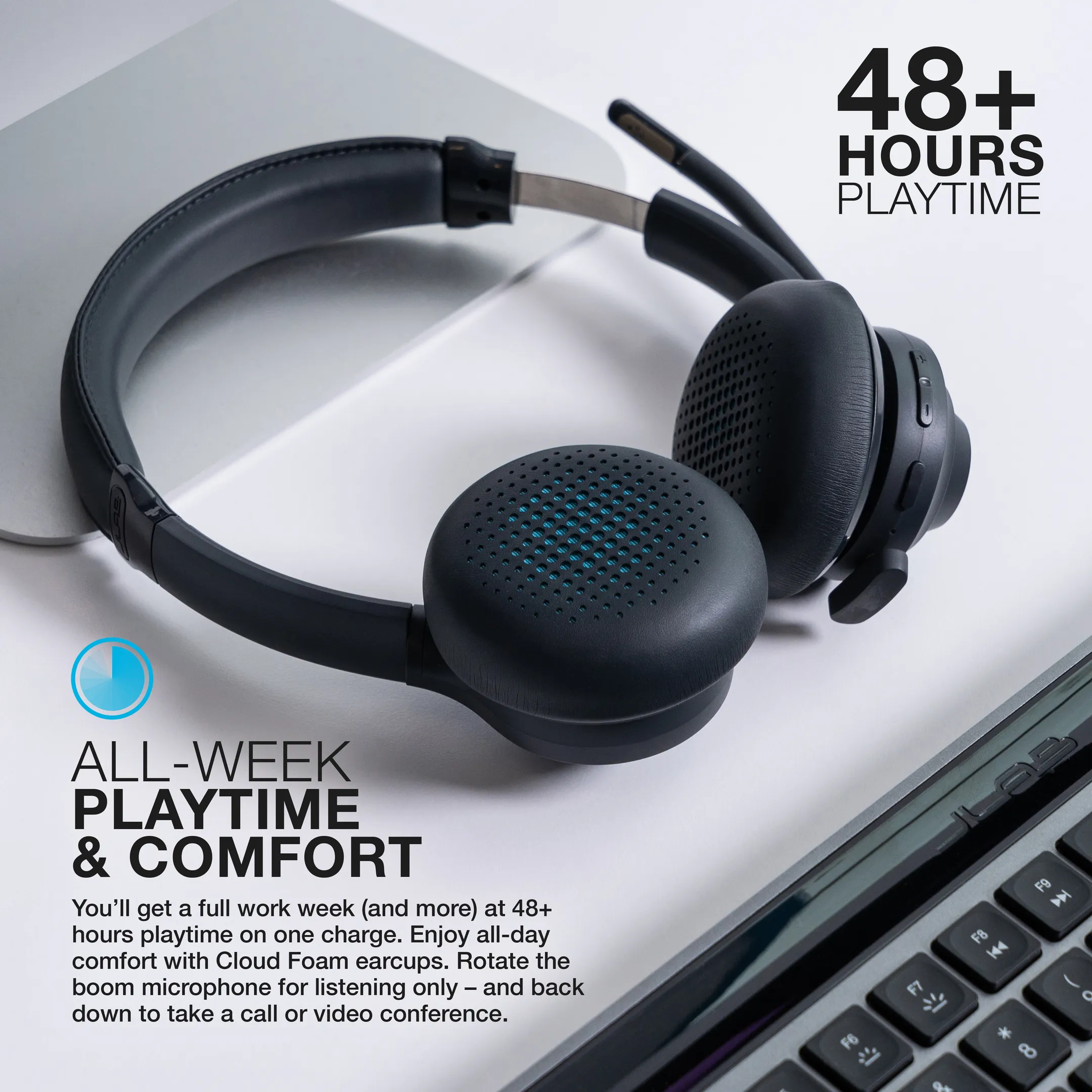 Go Work Casque avec microphone - Casque PC pour ordinateur portable et ordinateur de bureau - 55 heures d'autonomie - Noir