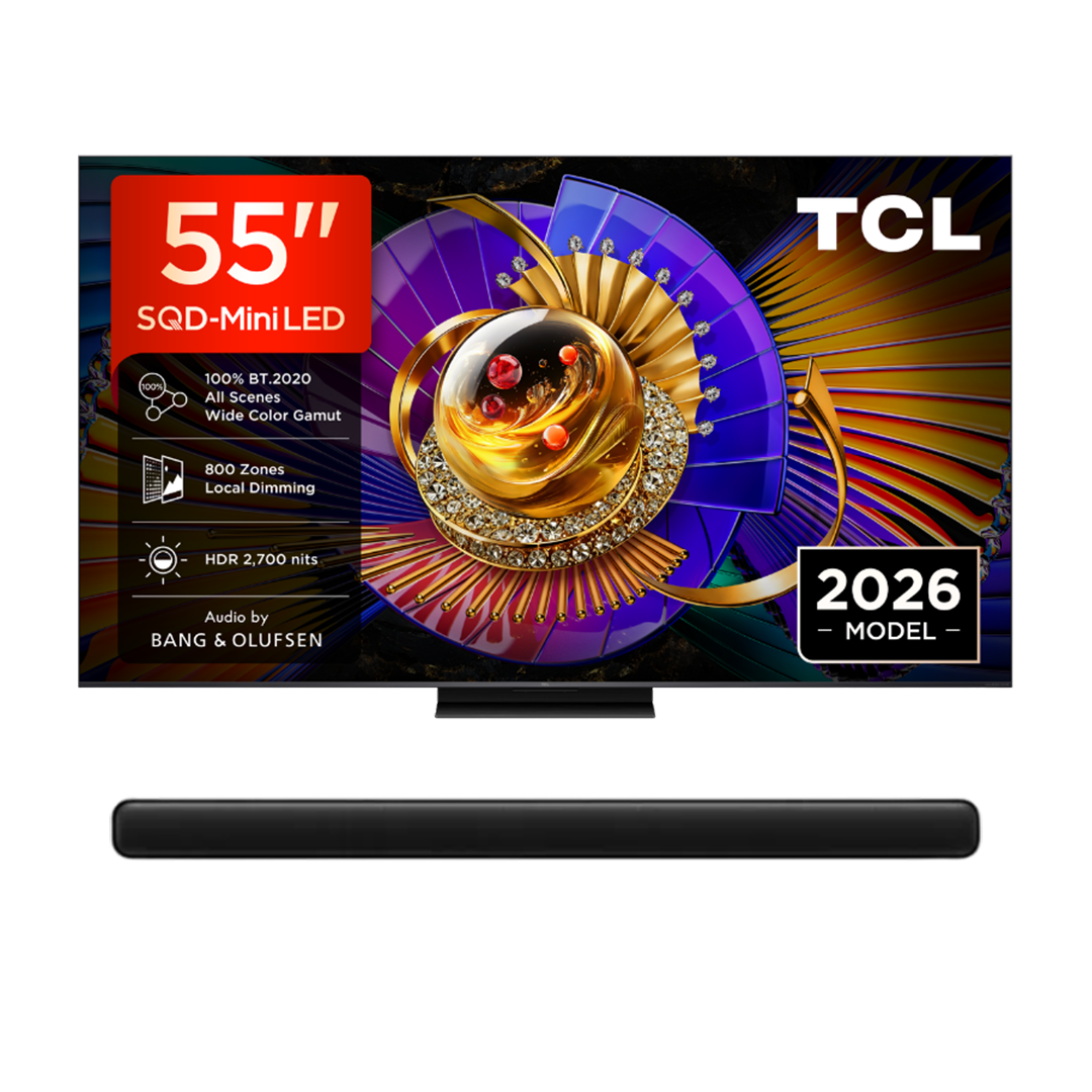TCL Bundel - SQD-MiniLED 4K TV 55C79L (2026) - 55 inch + S45 Series 2.0 Dolby Atmos all-in-one soundbar S45H