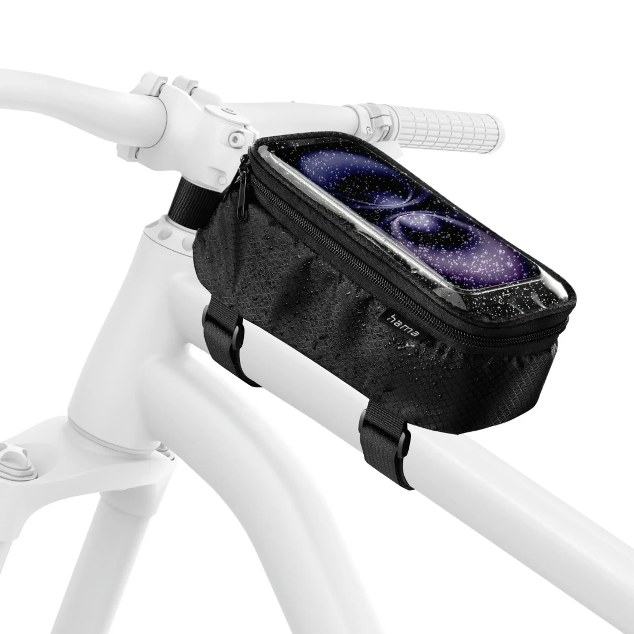 Sacoche de vélo avec poche transparente pour téléphone portable, à fixer sur le tube supérieur - Noir
