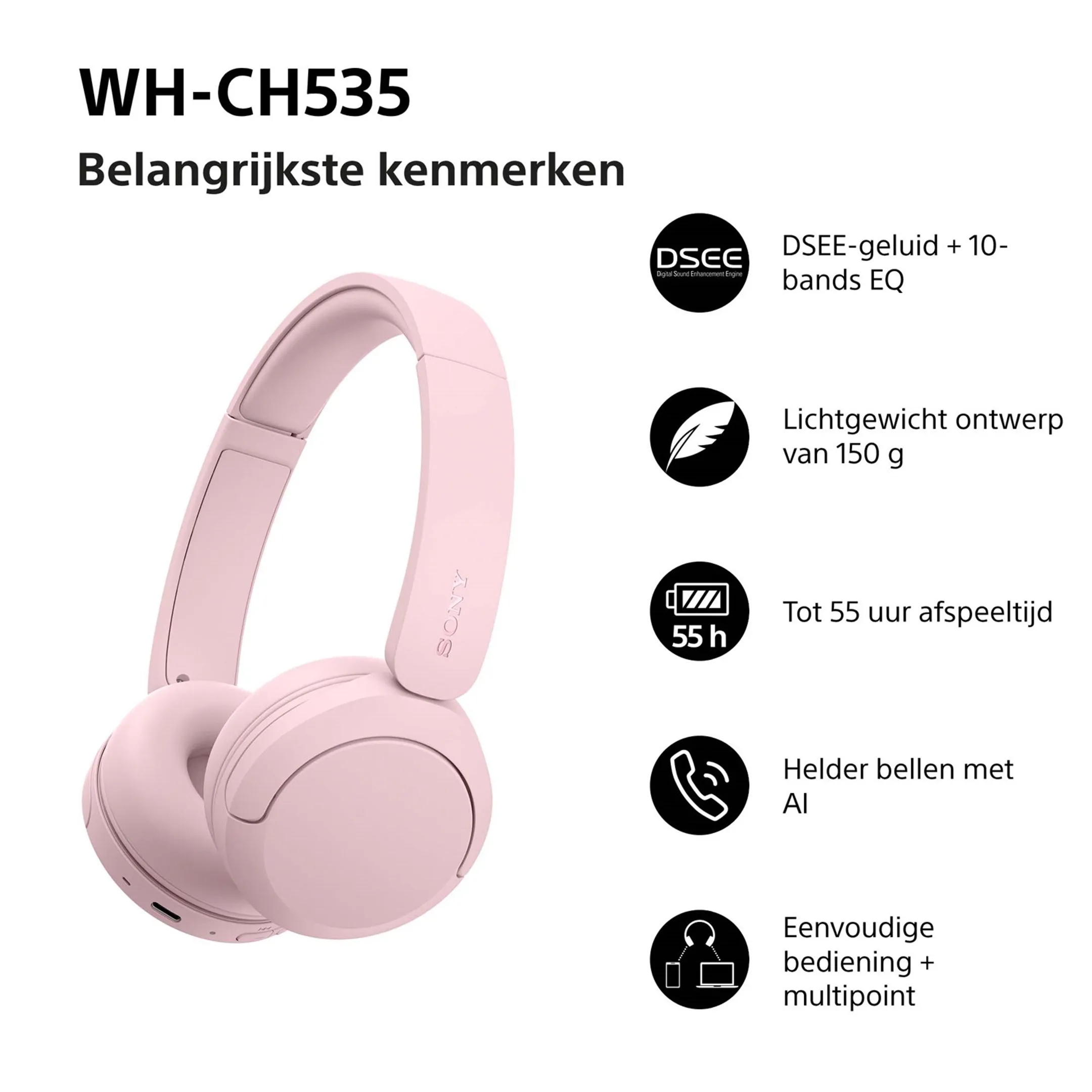 Koptelefoon WH-CH535 - Roze 